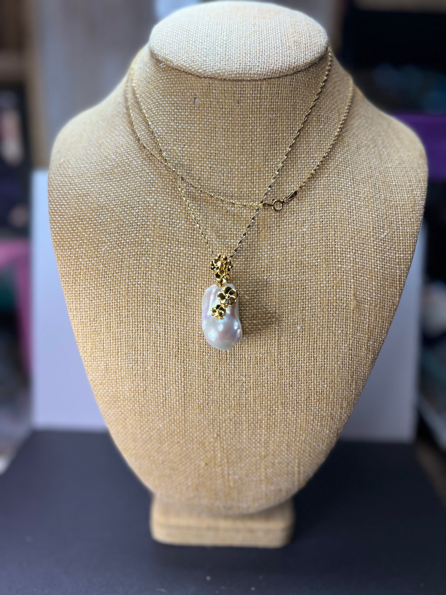 Baroque pearl floral pendant necklace with 30 inch gold over sterling silver chain