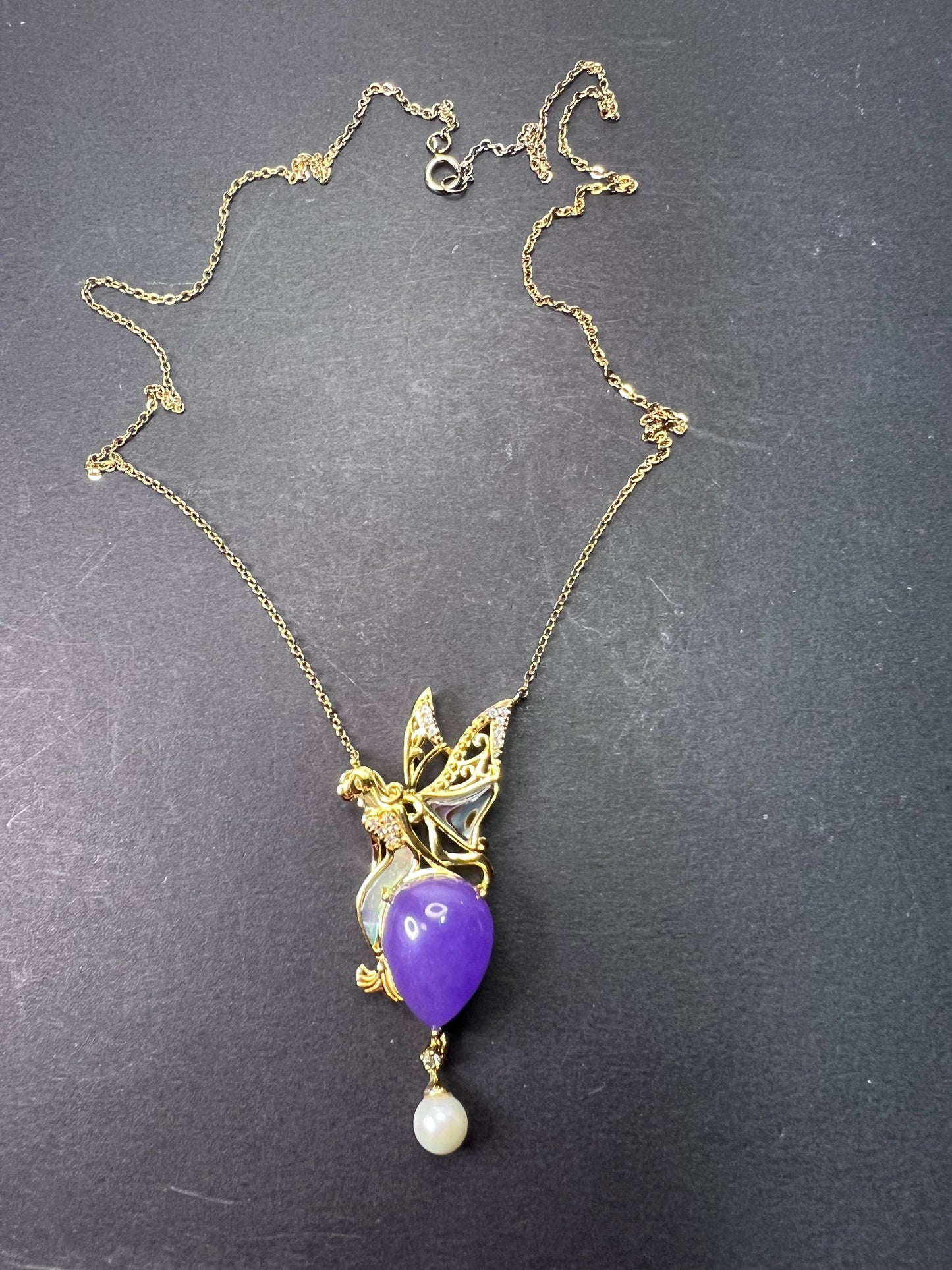 Fairy mermaid lavender jadeite , abalone and pearl pendant and chain necklace in gold over sterling silver.