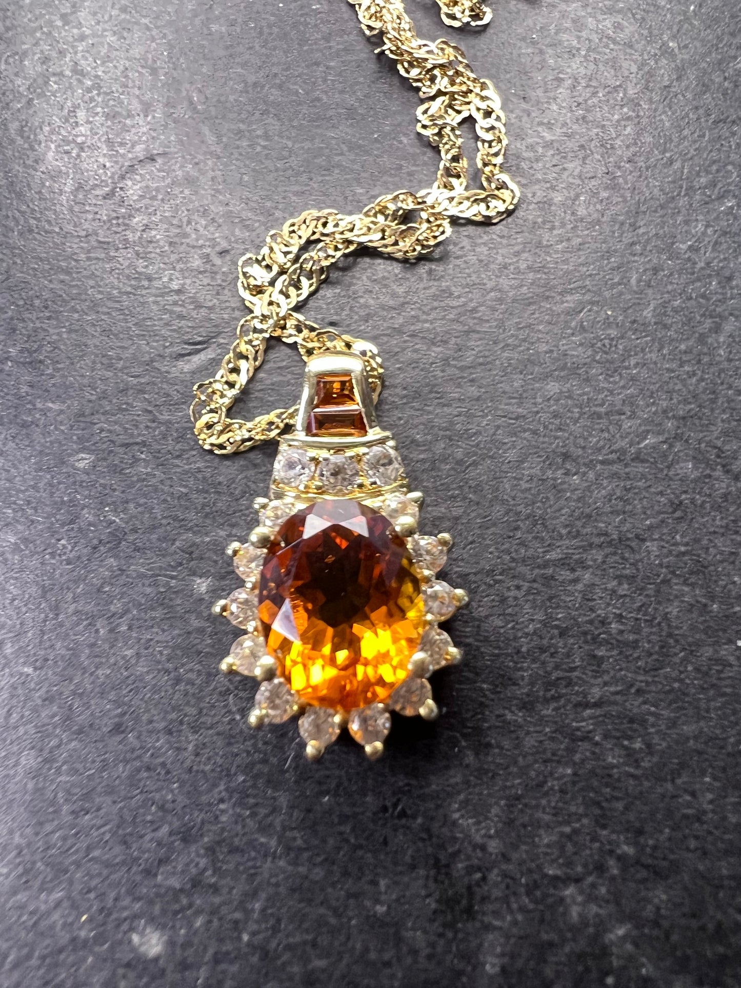 Mandarin citrine and white topaz halo pendant necklace in 14k gold over sterling silver