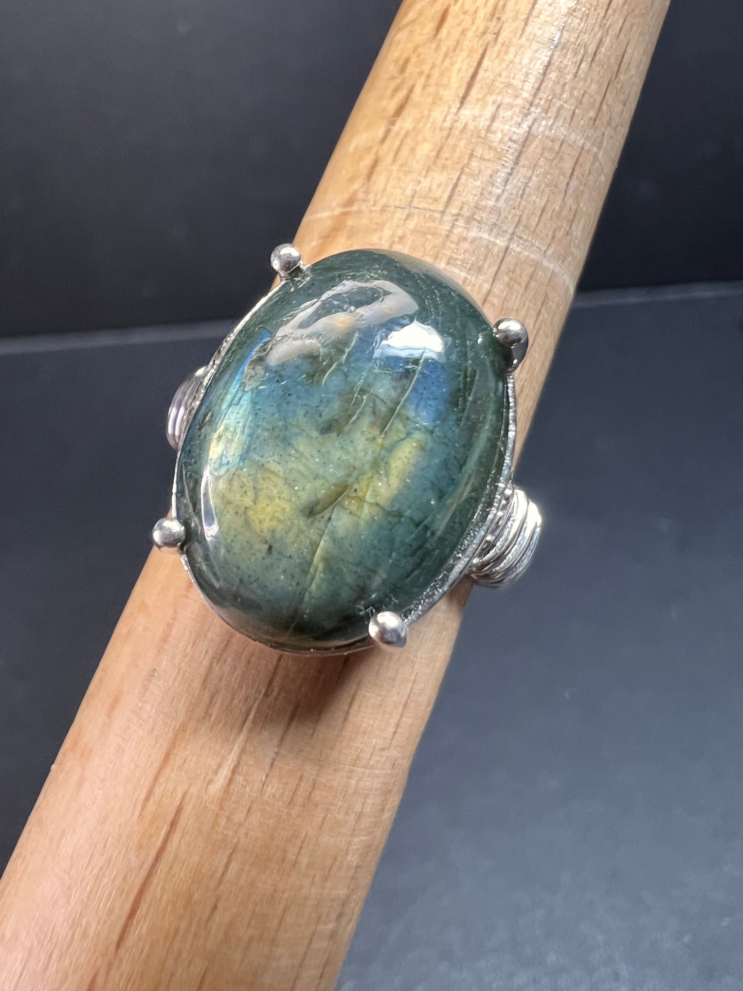 NEW labradorite ring in platinum over brass size 8