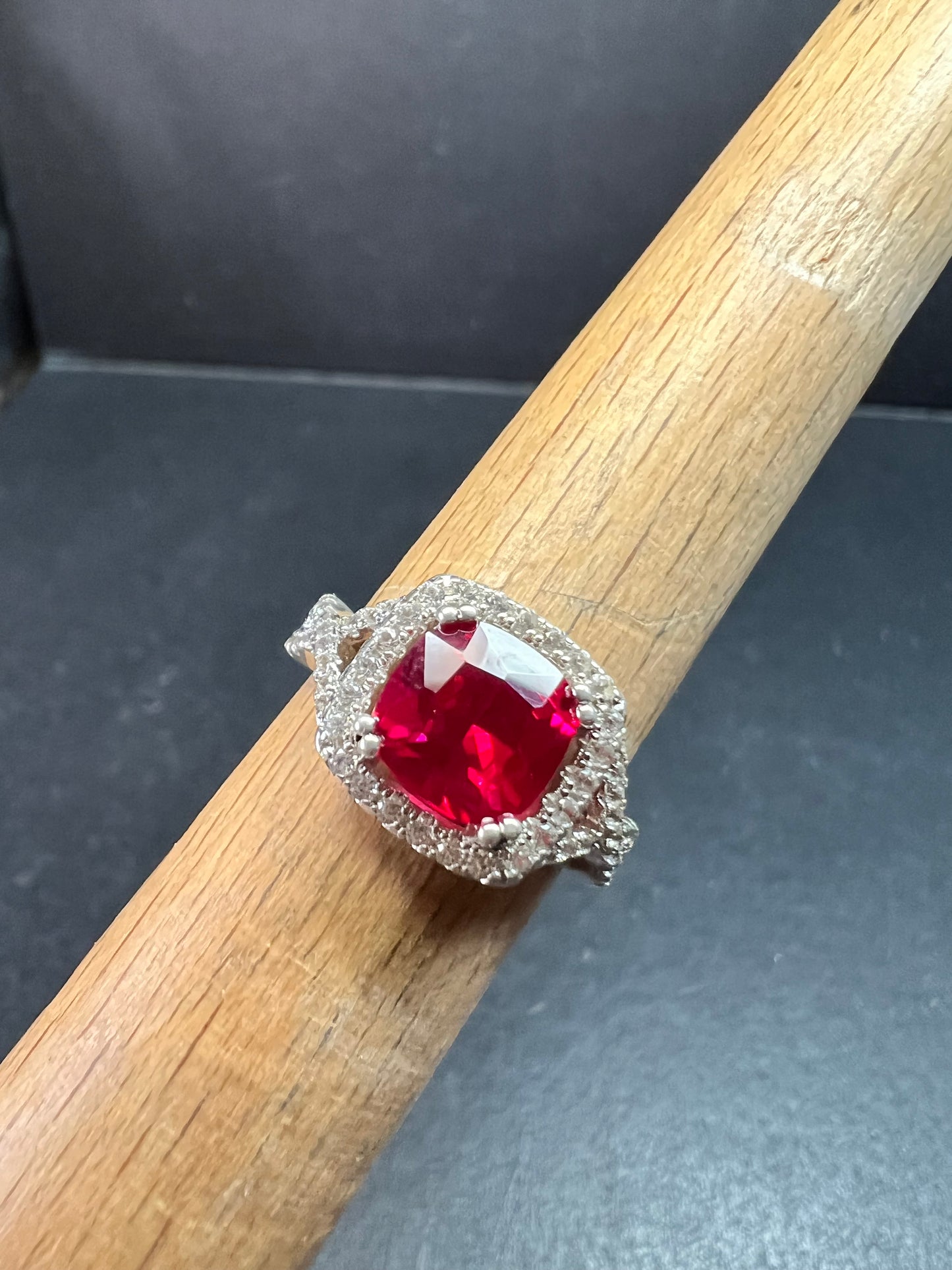 Sterling Silver Lab Ruby Halo Ring Size 7 DHJ 925