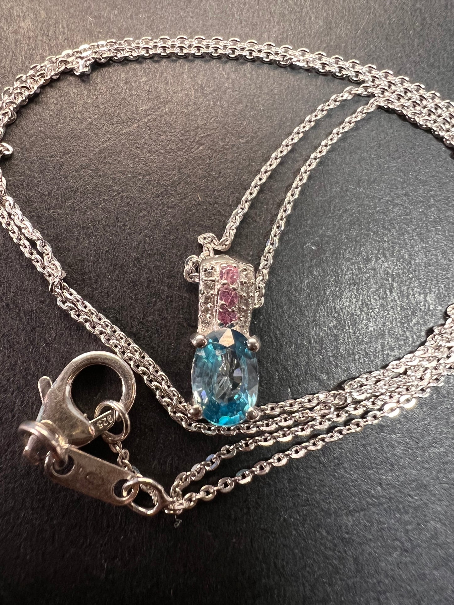 NEW Blue zircon and pink sapphire sterling silver pendant and chain