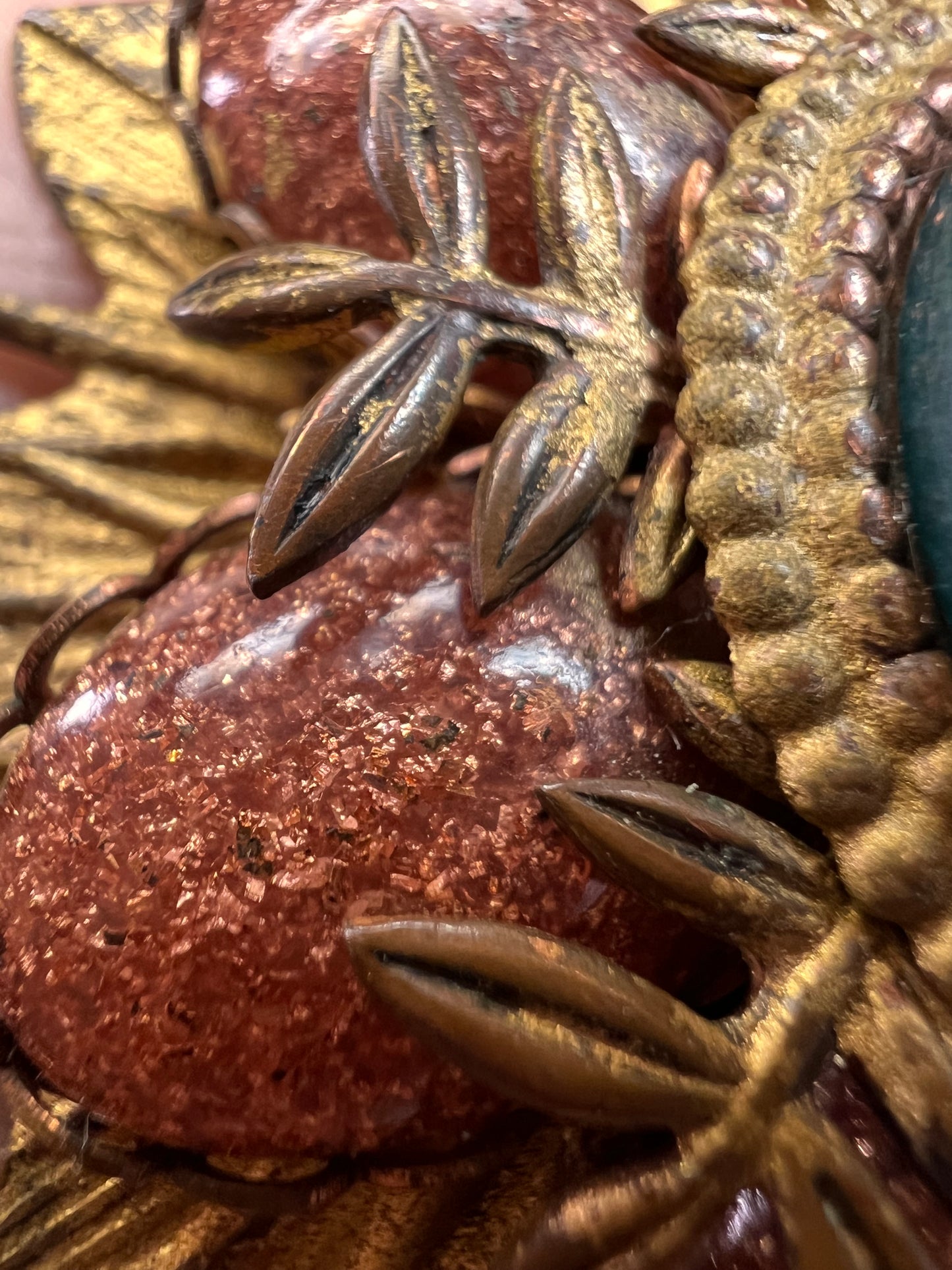 Vintage DeNicola Style Floral Brooch Gold Tone Faux Turquoise Glitter Cab