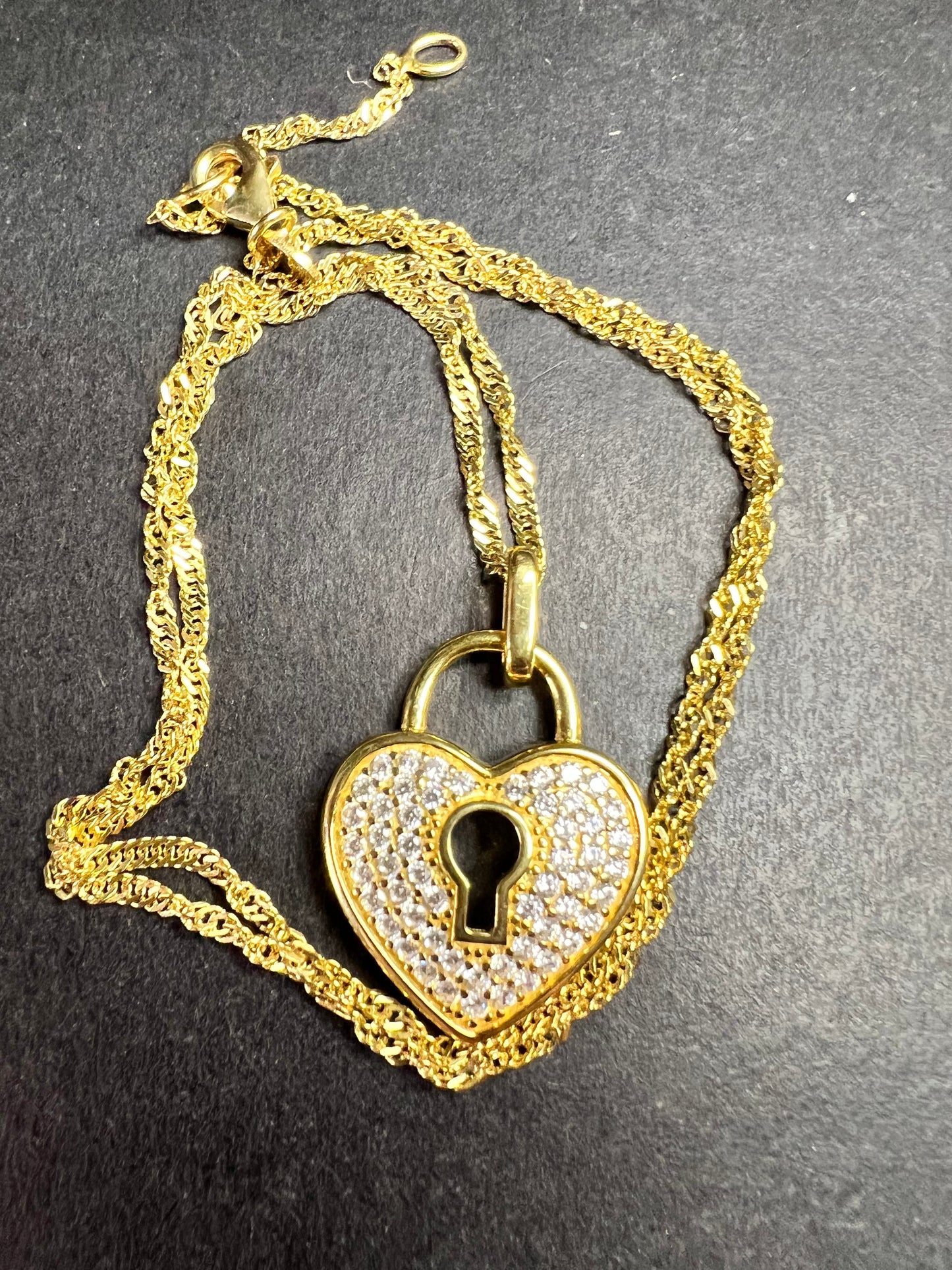 NEW Gold Plated Sterling Silver CZ Heart Lock Necklace 18”