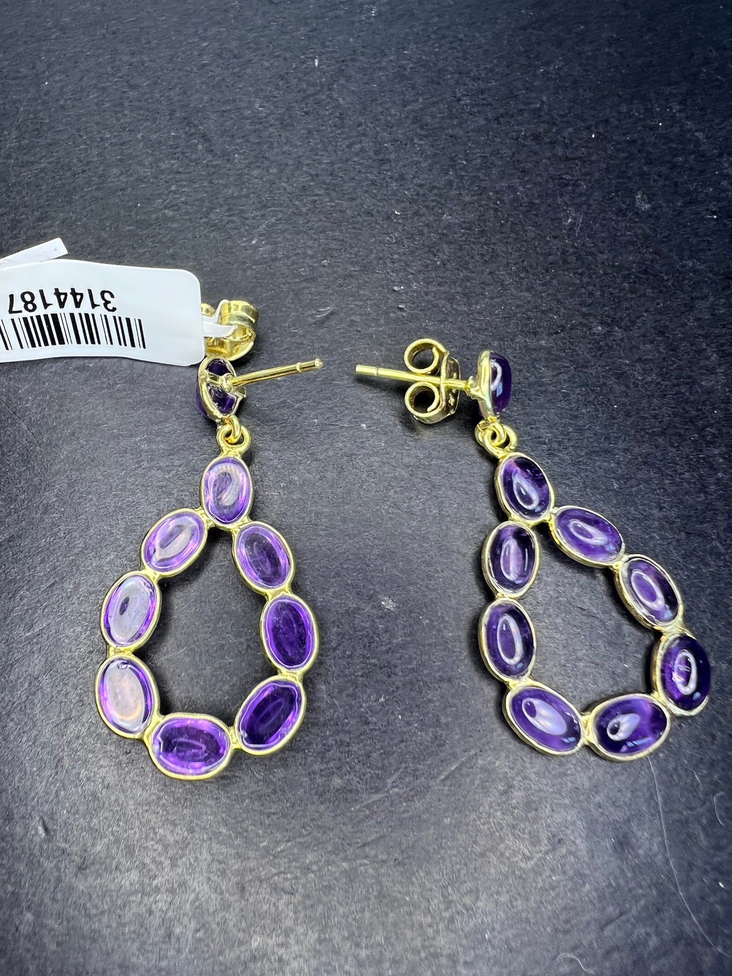 New amethyst teardrop hoop earrings in 18k gold over sterling silver