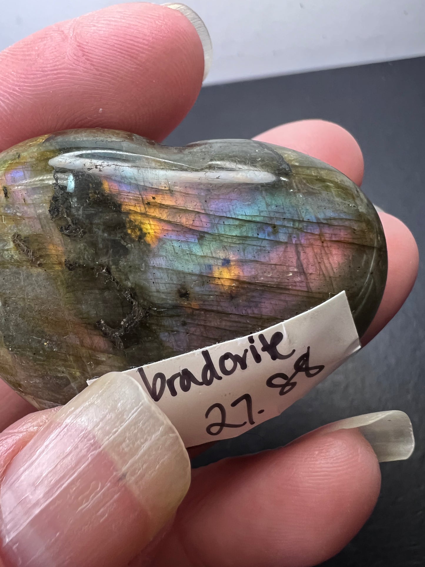 Labradorite heart with pink purple flash