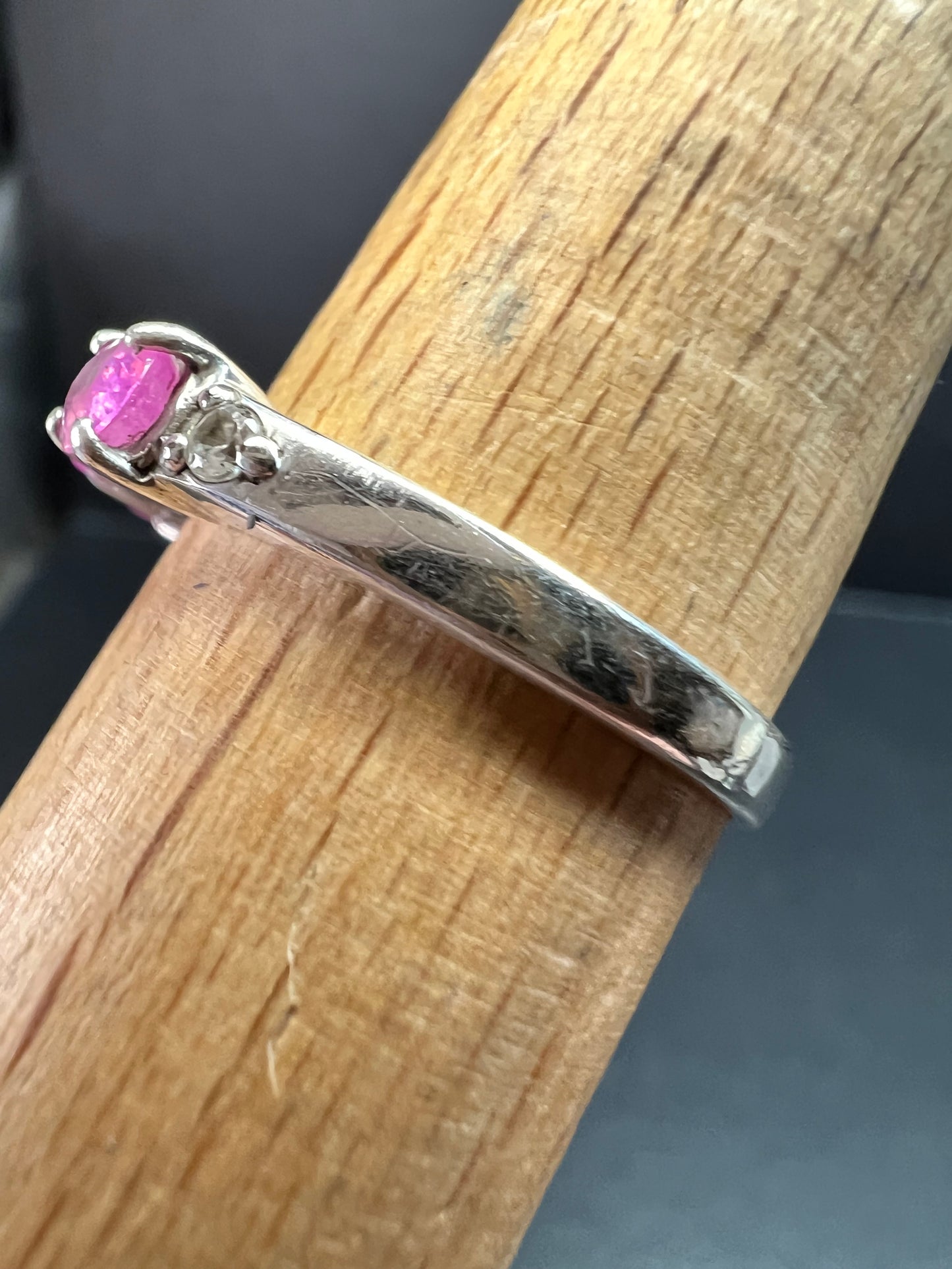 Pink Sapphire & White Zircon Sterling Silver Ring Size 9