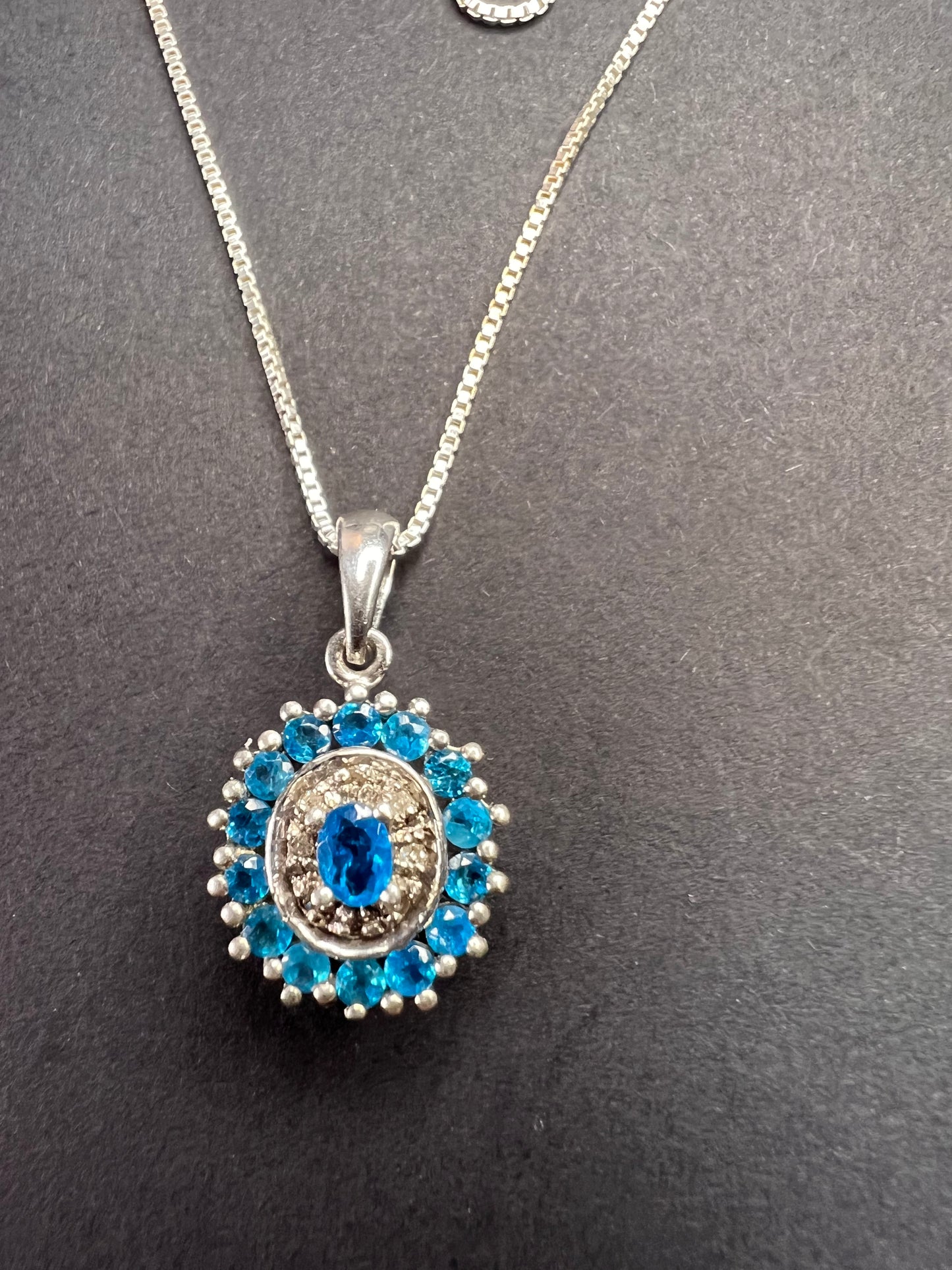 Vintage 925 Sterling Silver Blue Apatite & Diamond Halo Pendant Necklace