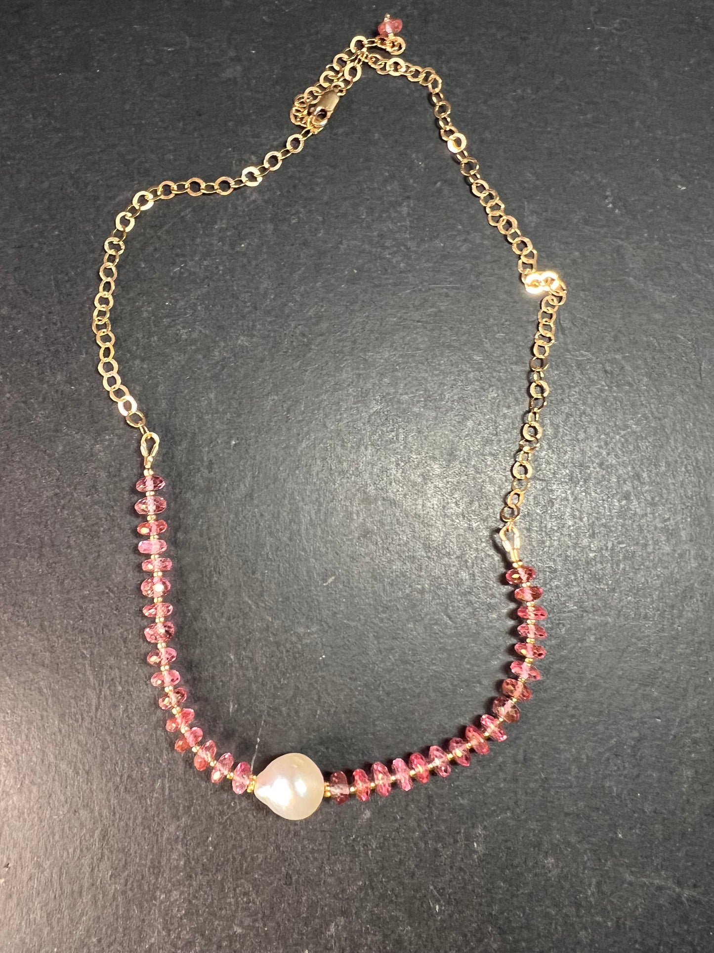 Gold Filled Necklace with Baroque Pearl and Pink Faceted Gemstone Beads