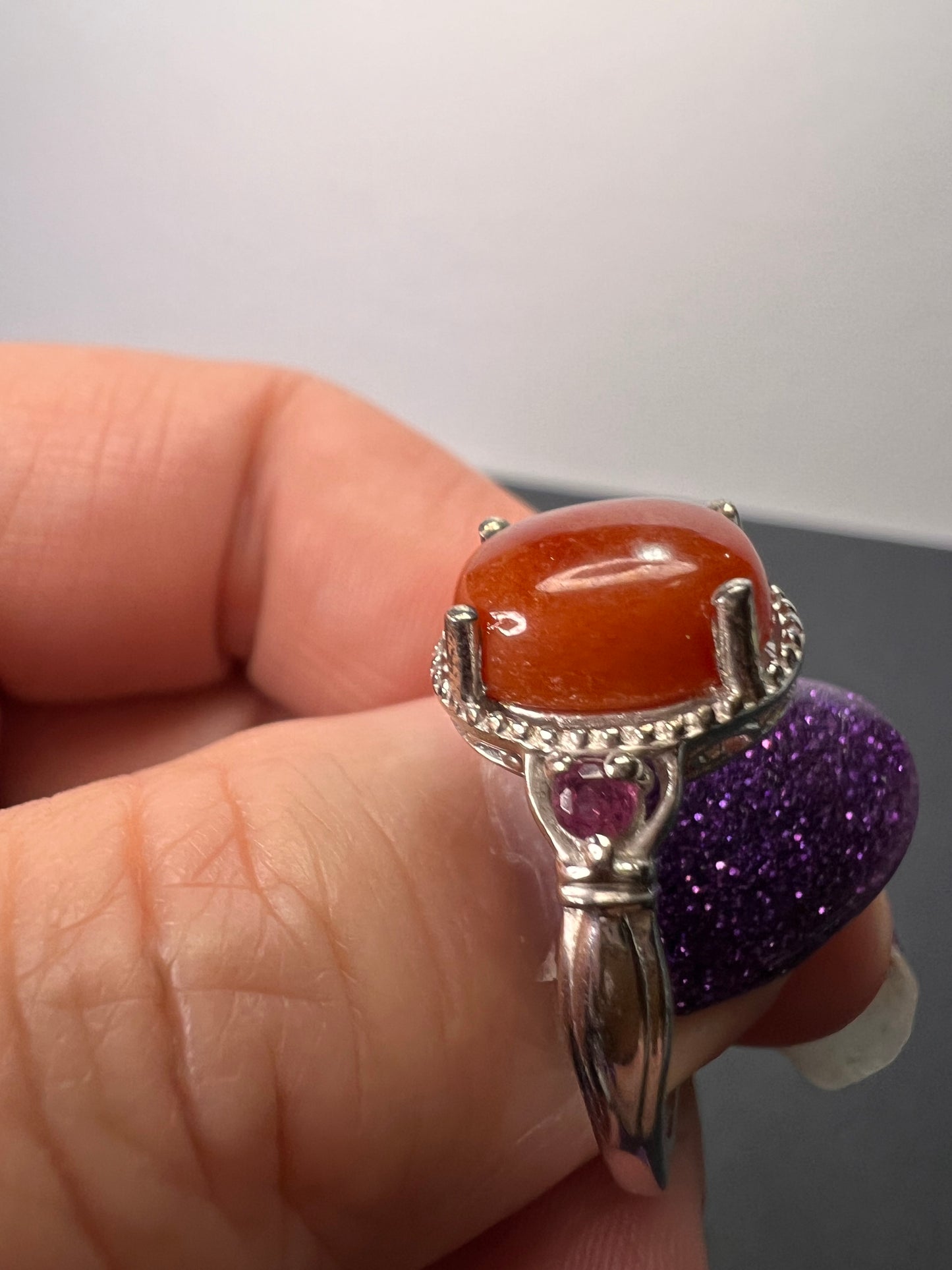 Red Jade and grape rhodolite garnet sterling silver ring size 9