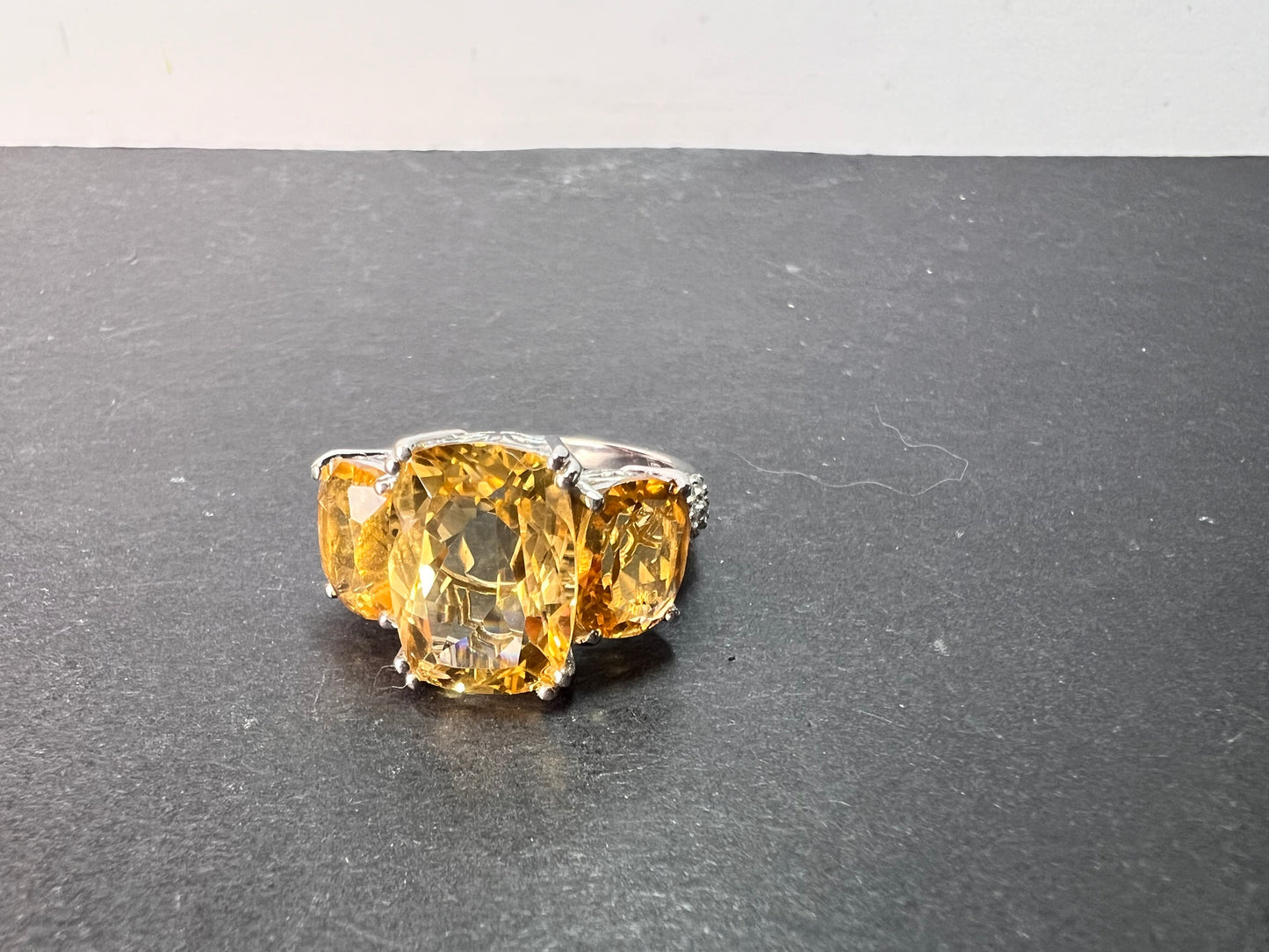 Brand new Brazilian citrine and white zircon 10.20 trilogy ring in platinum over sterling silver size 9