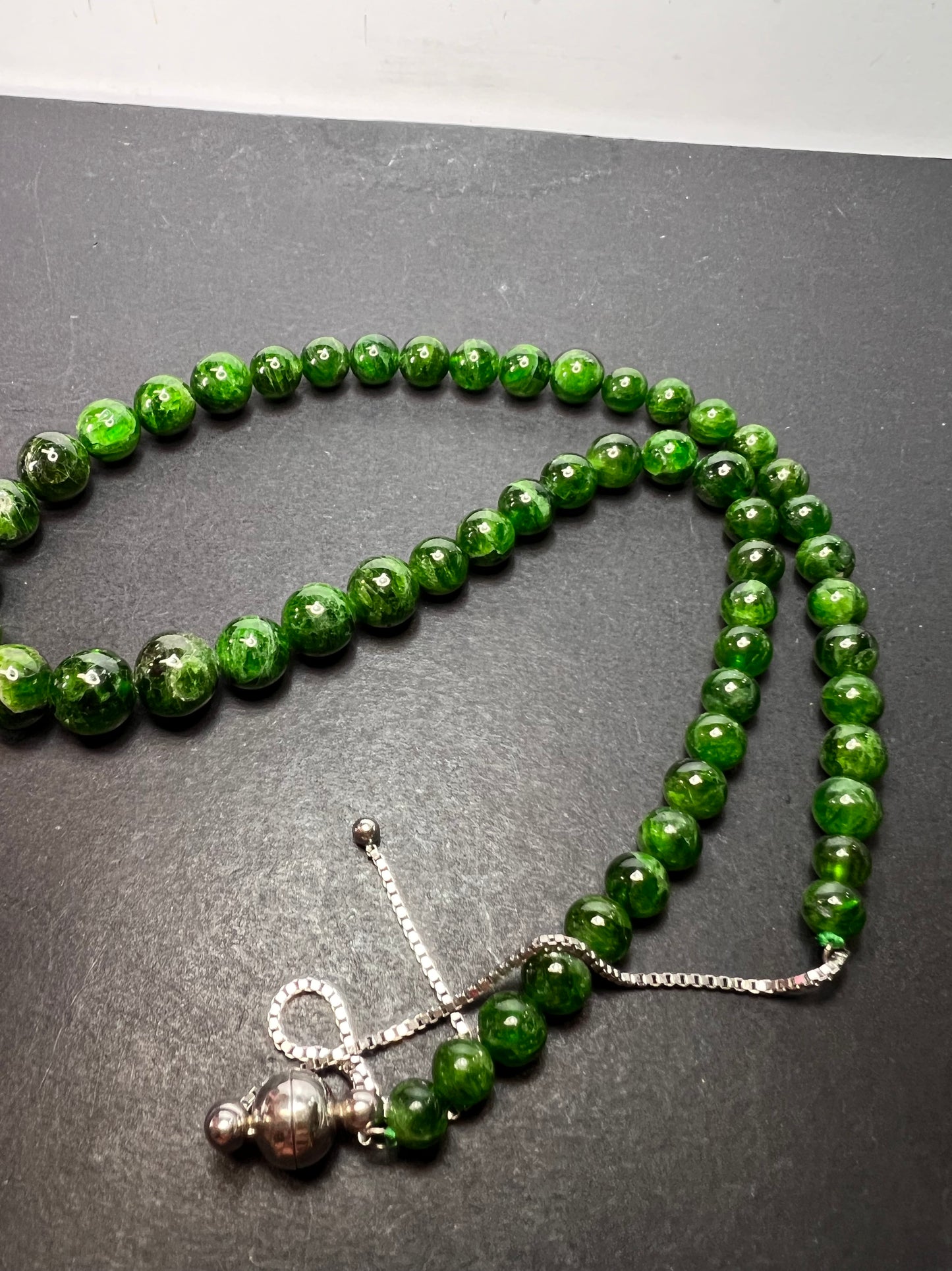 Russian green chrome diopside graduated beaded bolo sterling silver necklace