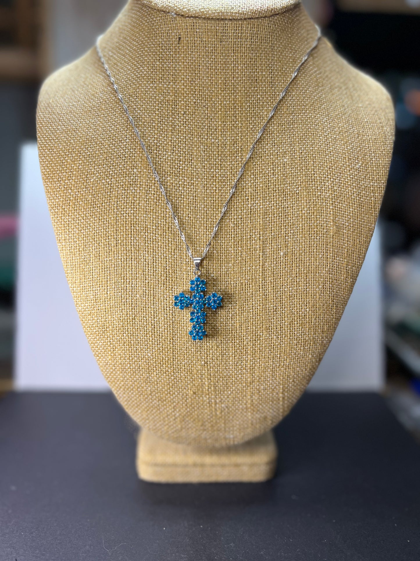 Blue Apatite Rhodium Over Sterling Silver Cross Pendant With Chain 3.25ctw