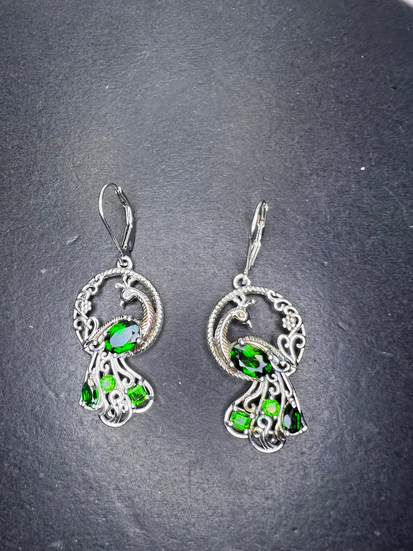 Chrome diopside sterling silver peacock dangle earrings