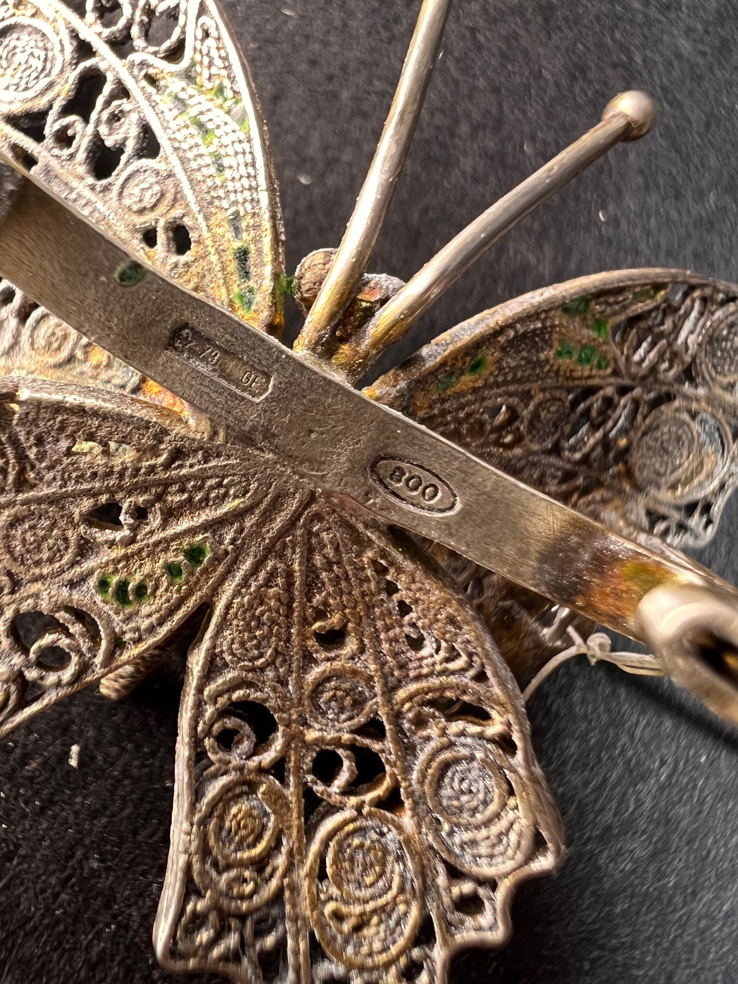 Vintage Alieti Adriana 800 silver Italian enameled filigree butterfly brooch pin