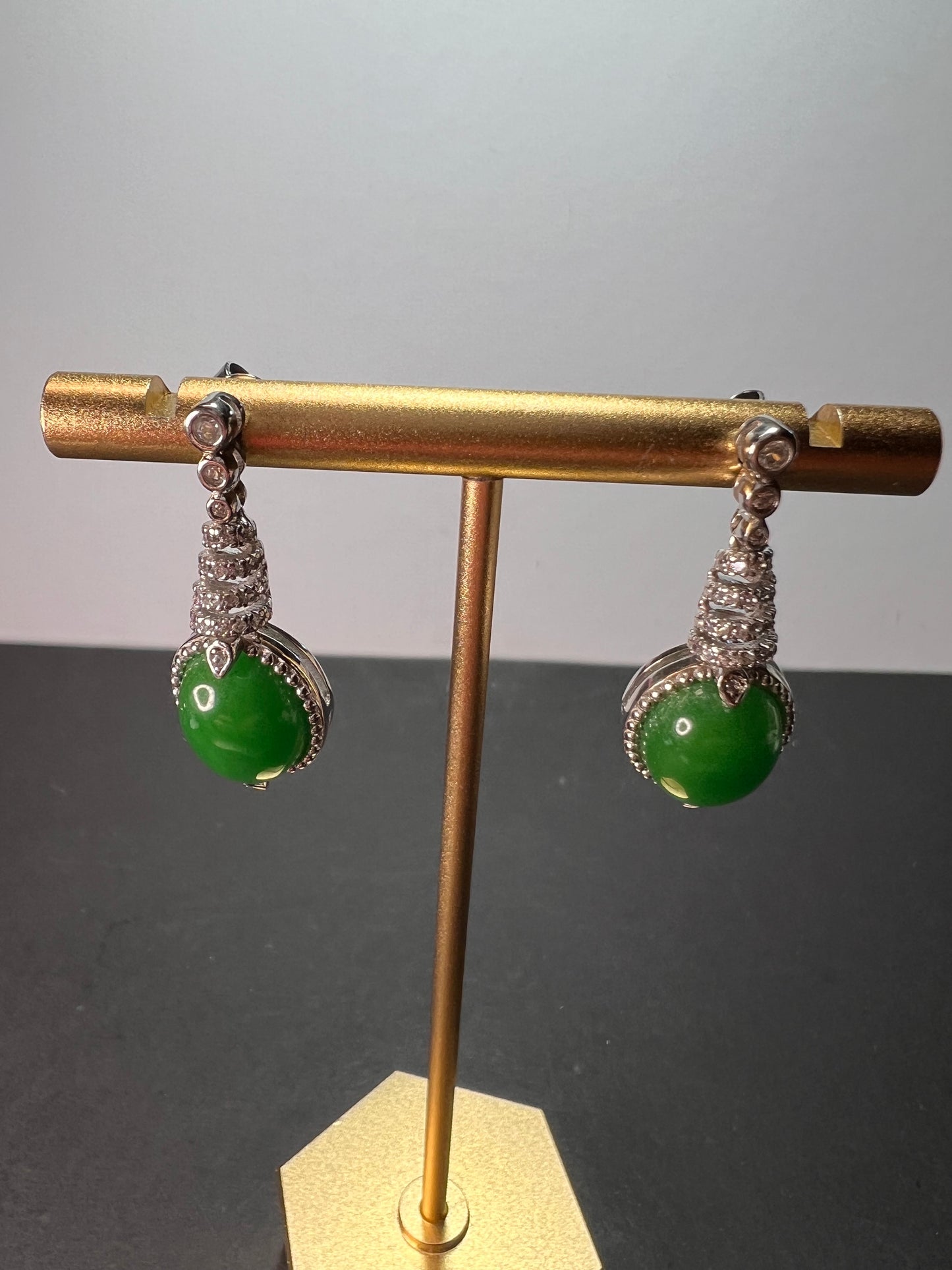 Green jade spiral drop sterling earrings