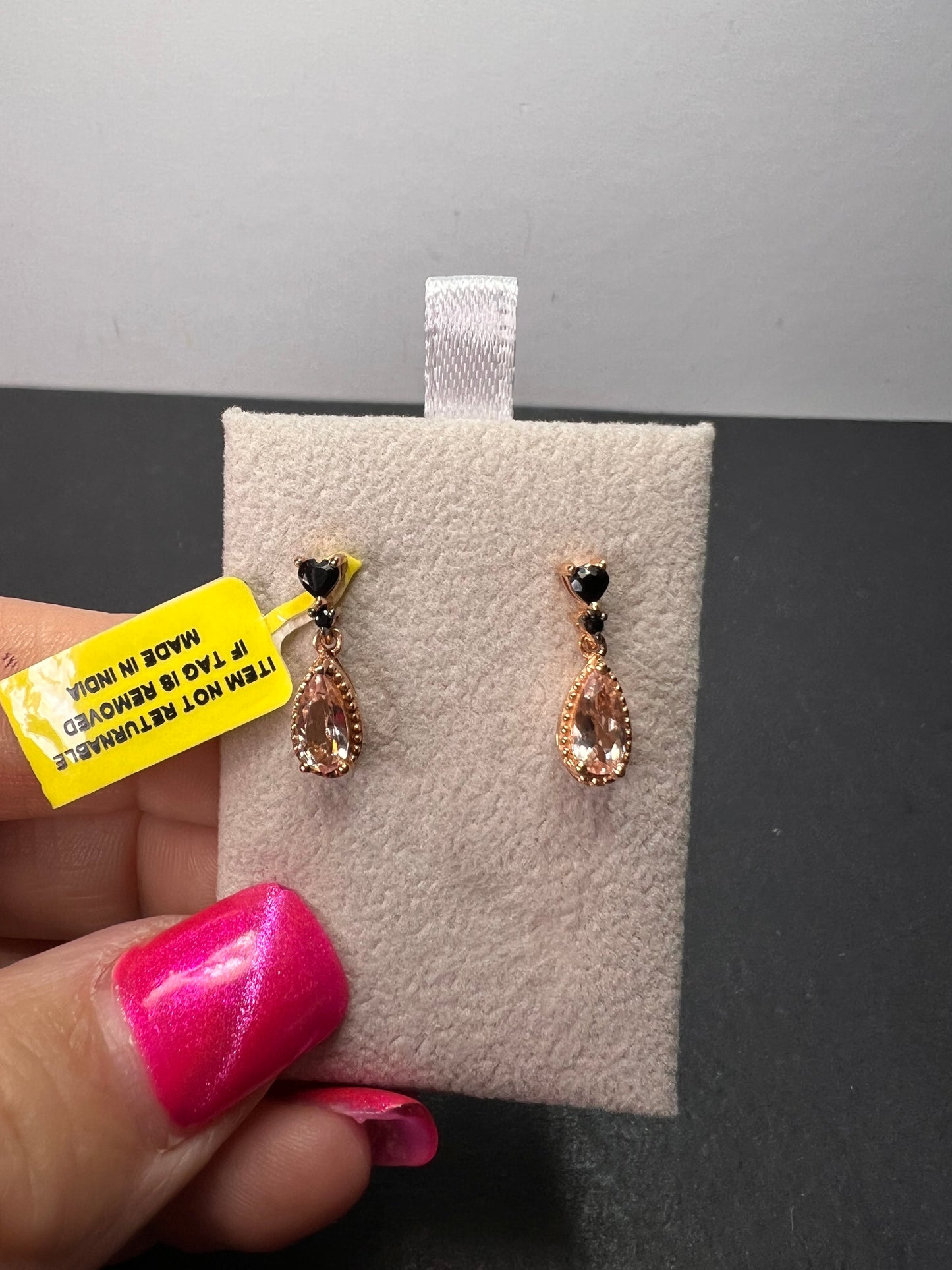 Peach morganite and black spinel heart rose gold over sterling silver earrings