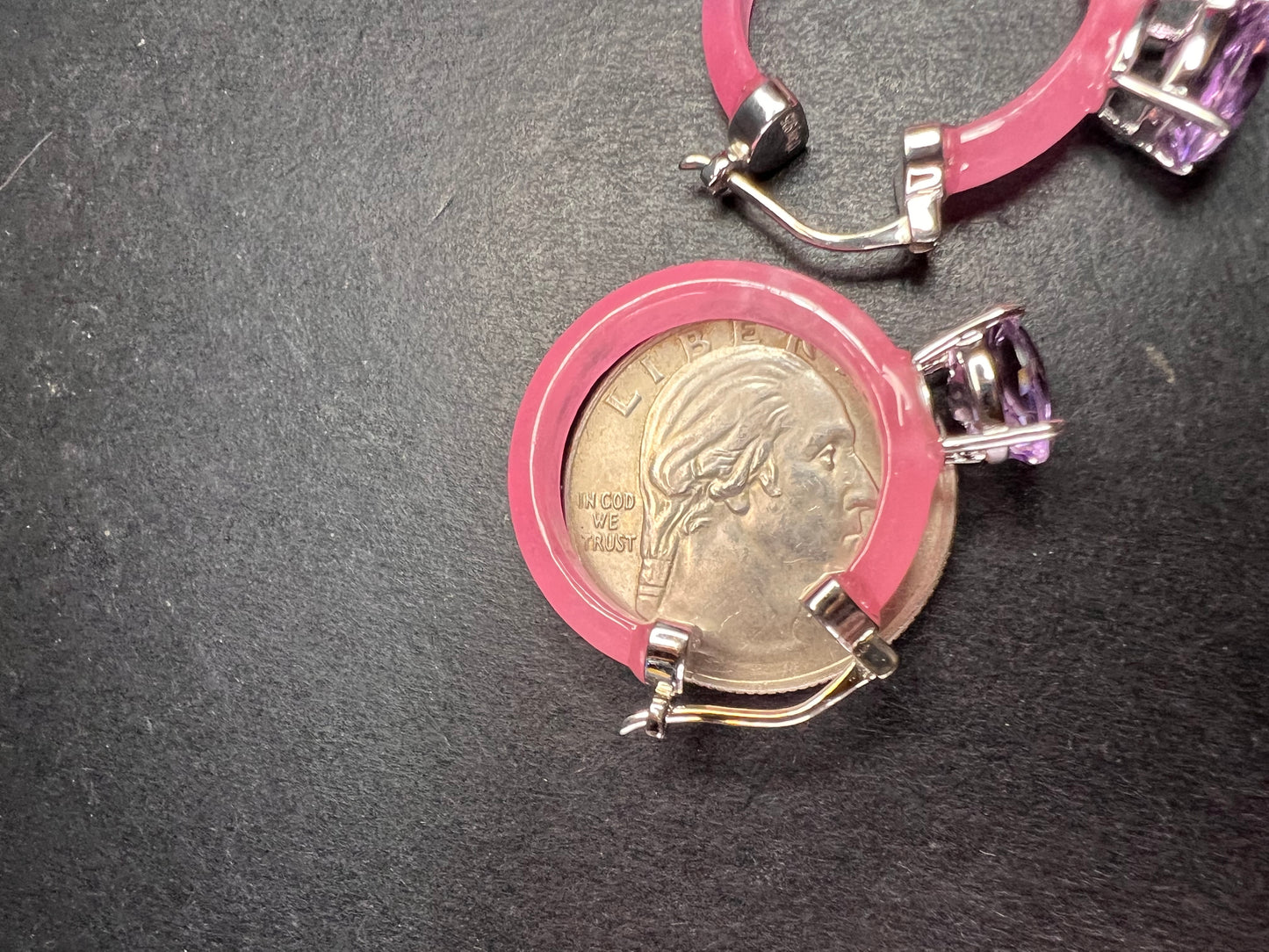 NEW Pink Jade and rose de France amethyst hoop earrings in rhodium over sterling silver