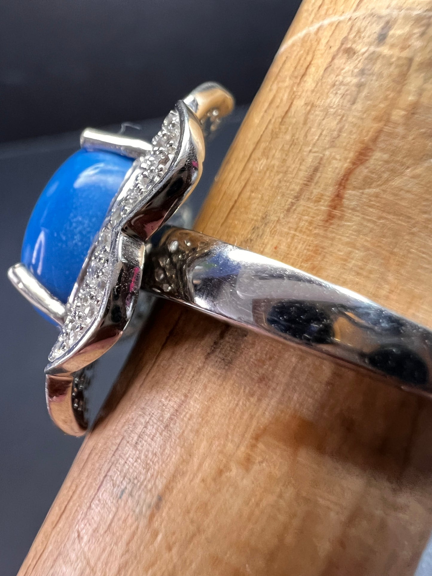 NEW Ceruleite and zircon blossom ring in rhodium over sterling silver size 8