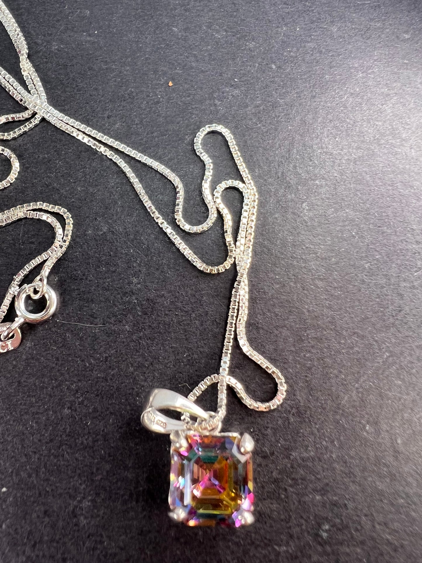 Mystic multi colored quartz gem pendant in sterling silver with chain