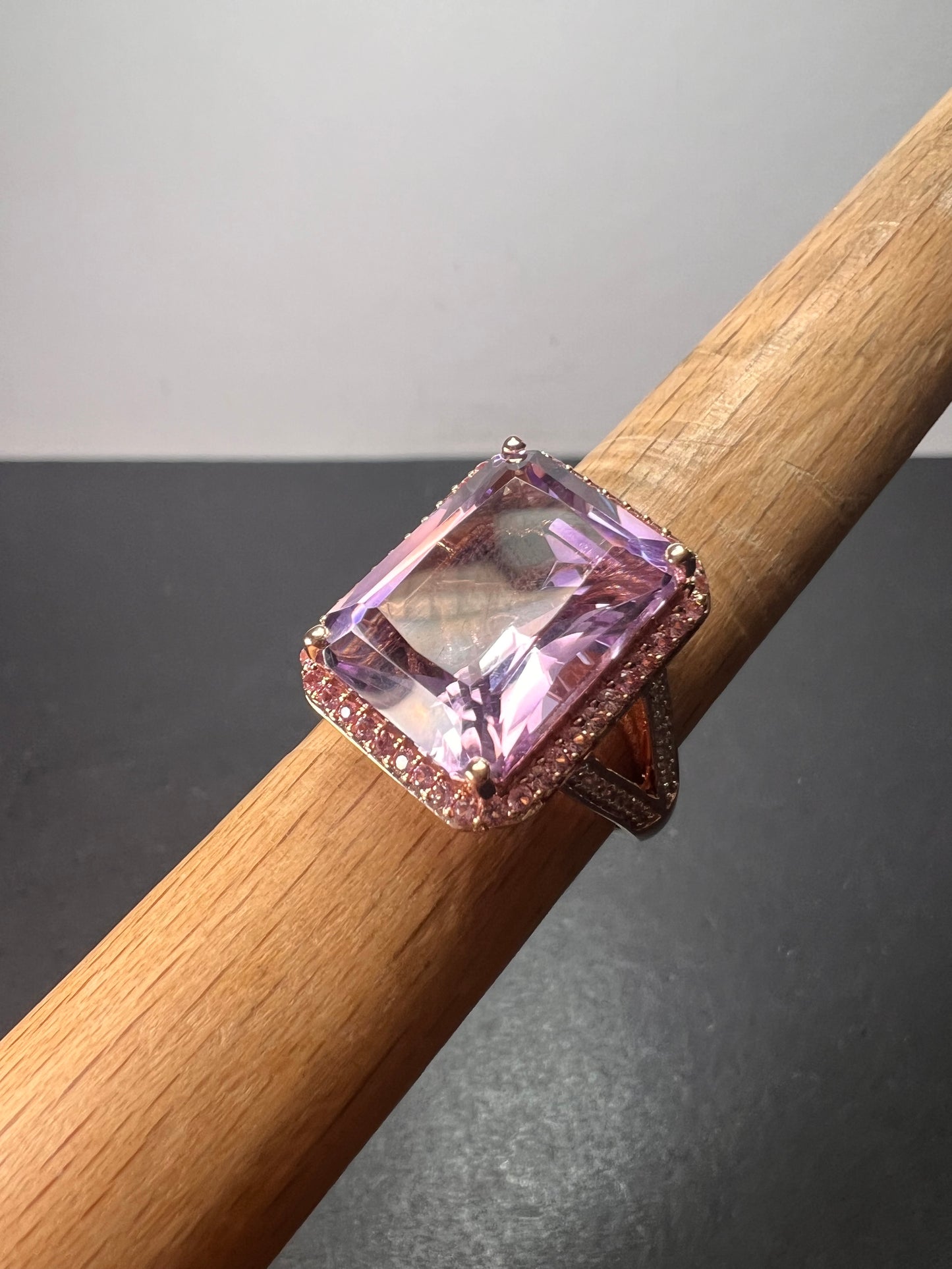 Radiant cut rose de France amethyst and pink sapphire halo ring in rose gold vermeil over sterling silver size 8 *NEW*