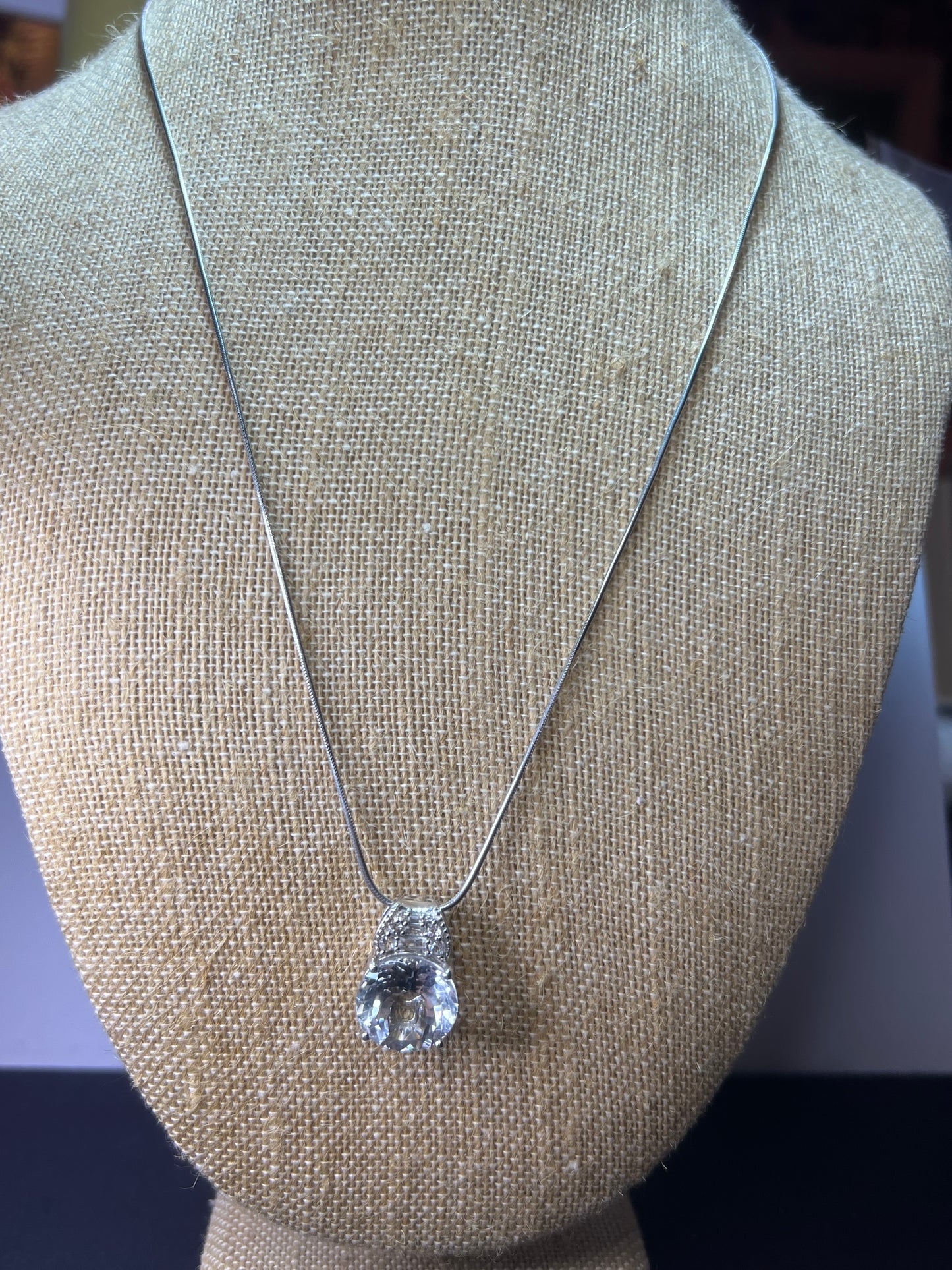 White topaz sterling silver pendant and 20 inch chain necklace