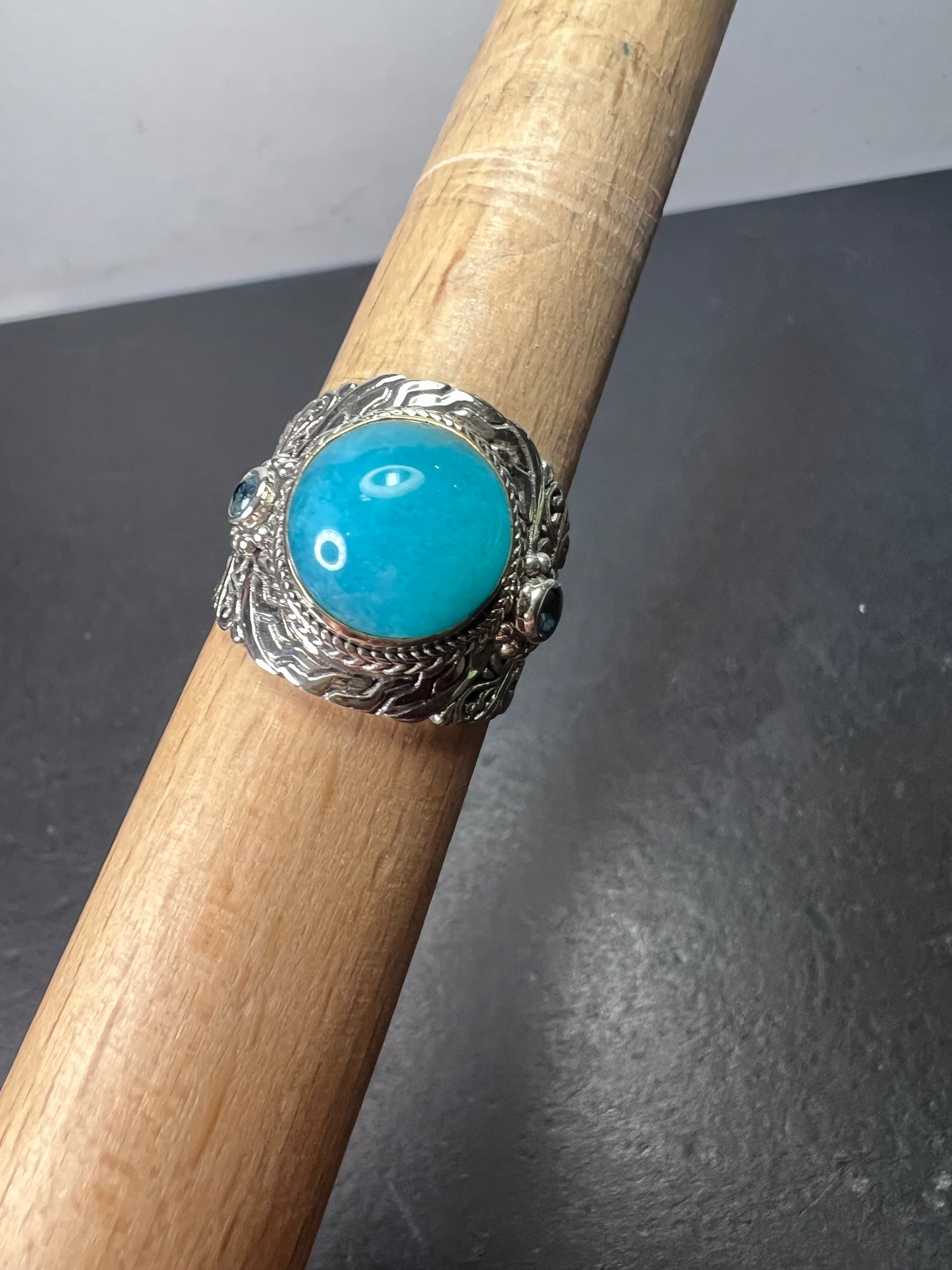 Sarda Peruvian amazonite and London blue topaz sterling silver statement ring size 9