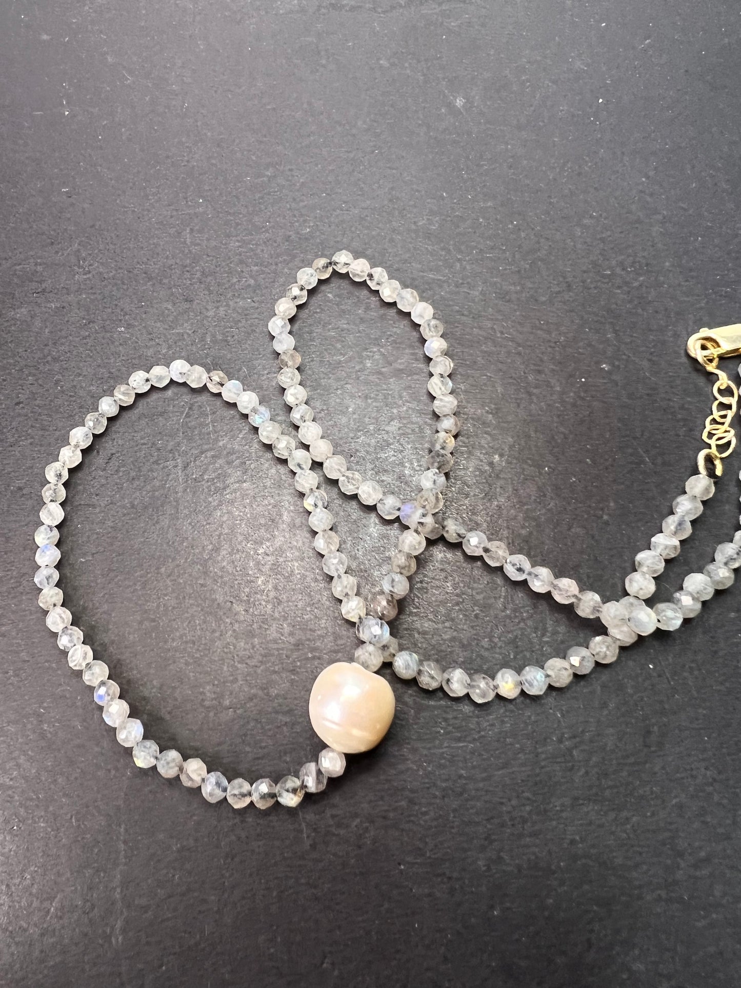 Labradorite and cultured pearl necklace with sterling silver lobster claw clasp