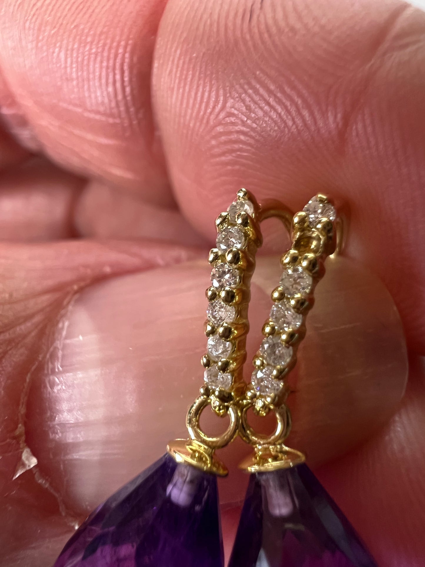 14k gold amethyst briolette and diamond dangle earrings