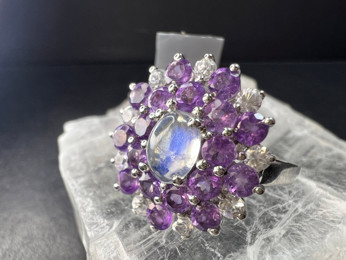 Rainbow Moonstone Amethyst White Topaz Sterling Ring Sz 9
