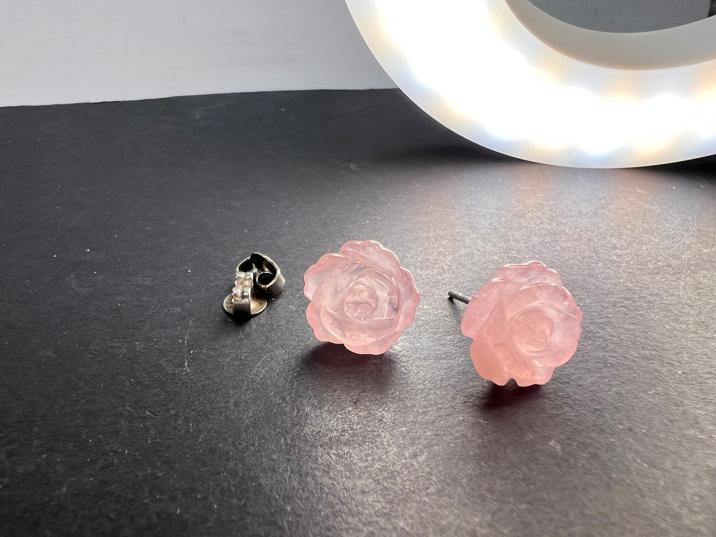 Rose quartz carved roses stud earrings with sterling silver posts