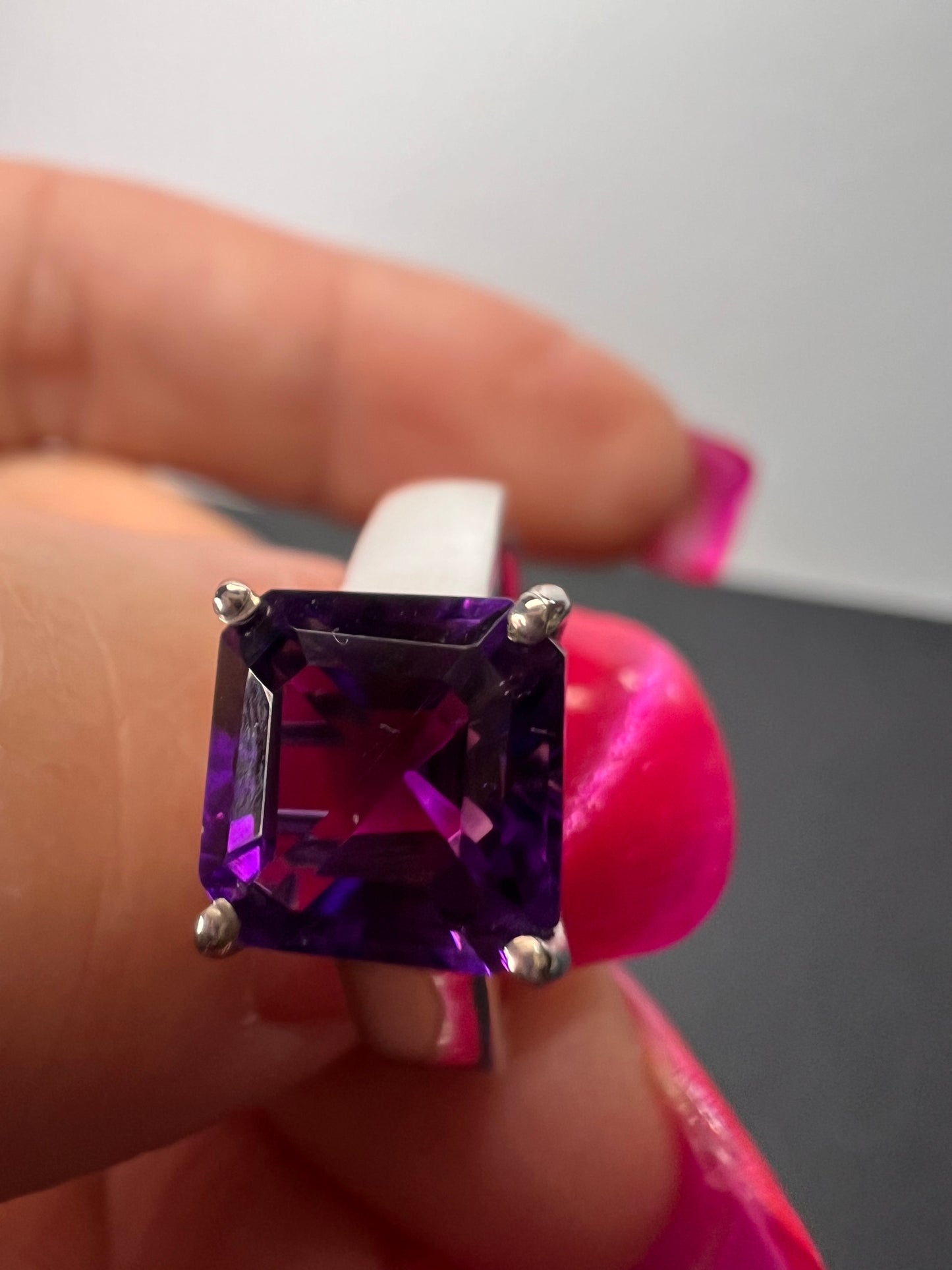 Asscher cut Moroccan amethyst solitaire ring in platinum over sterling silver size 5 *NEW*