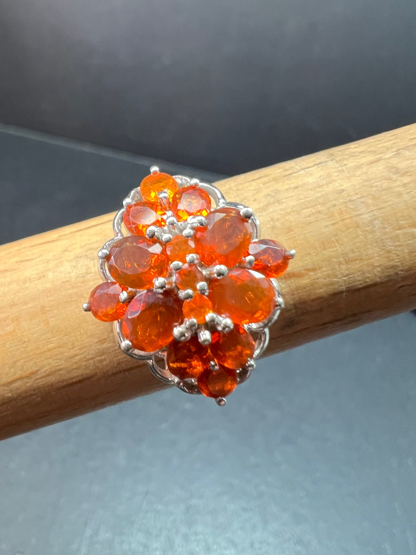 Vintage Sterling Silver Mexican Fire Opal Floral Cluster Ring Sz 9