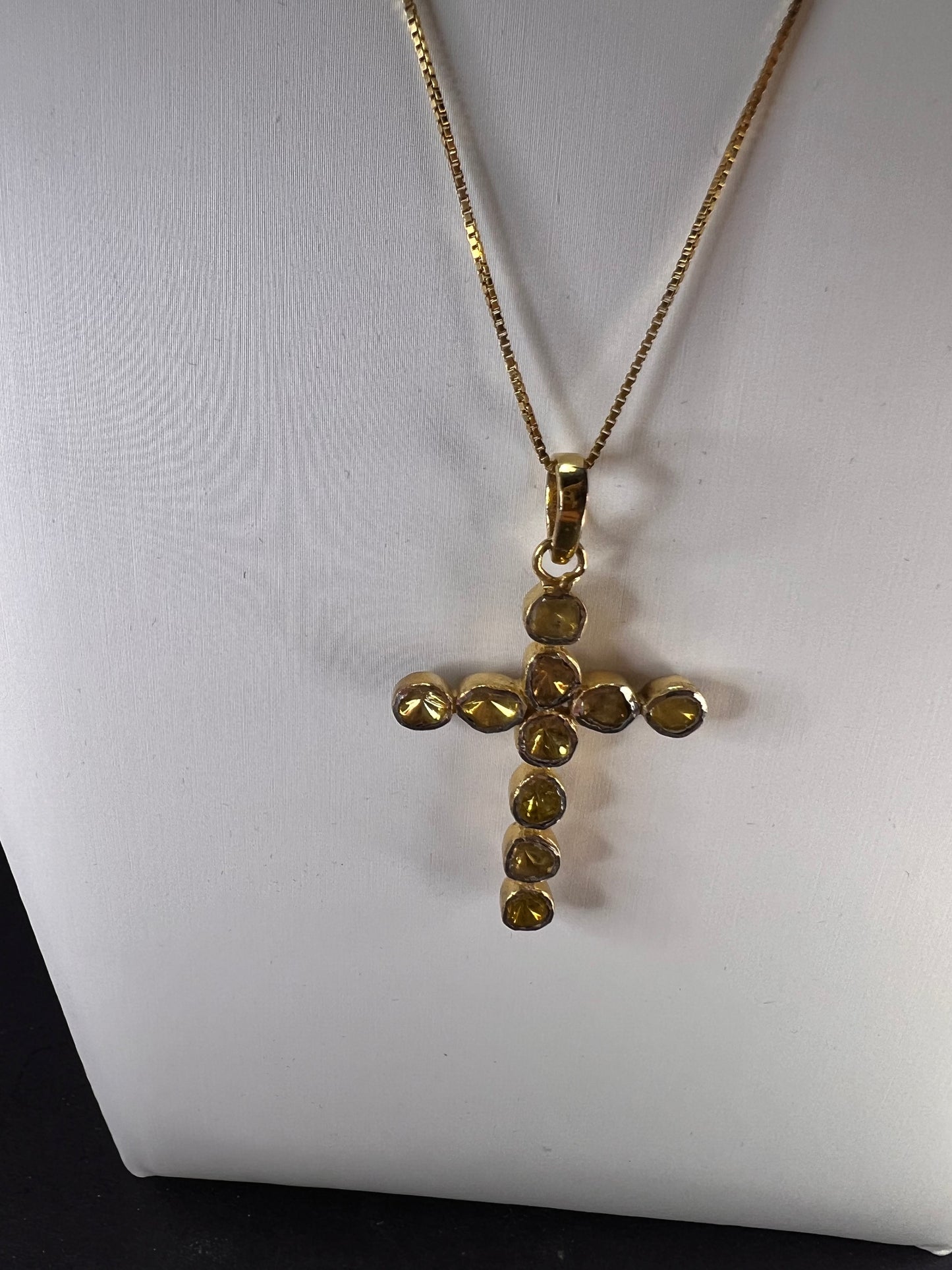 Yellow polki diamond cross pendant and chain in gold over sterling silver