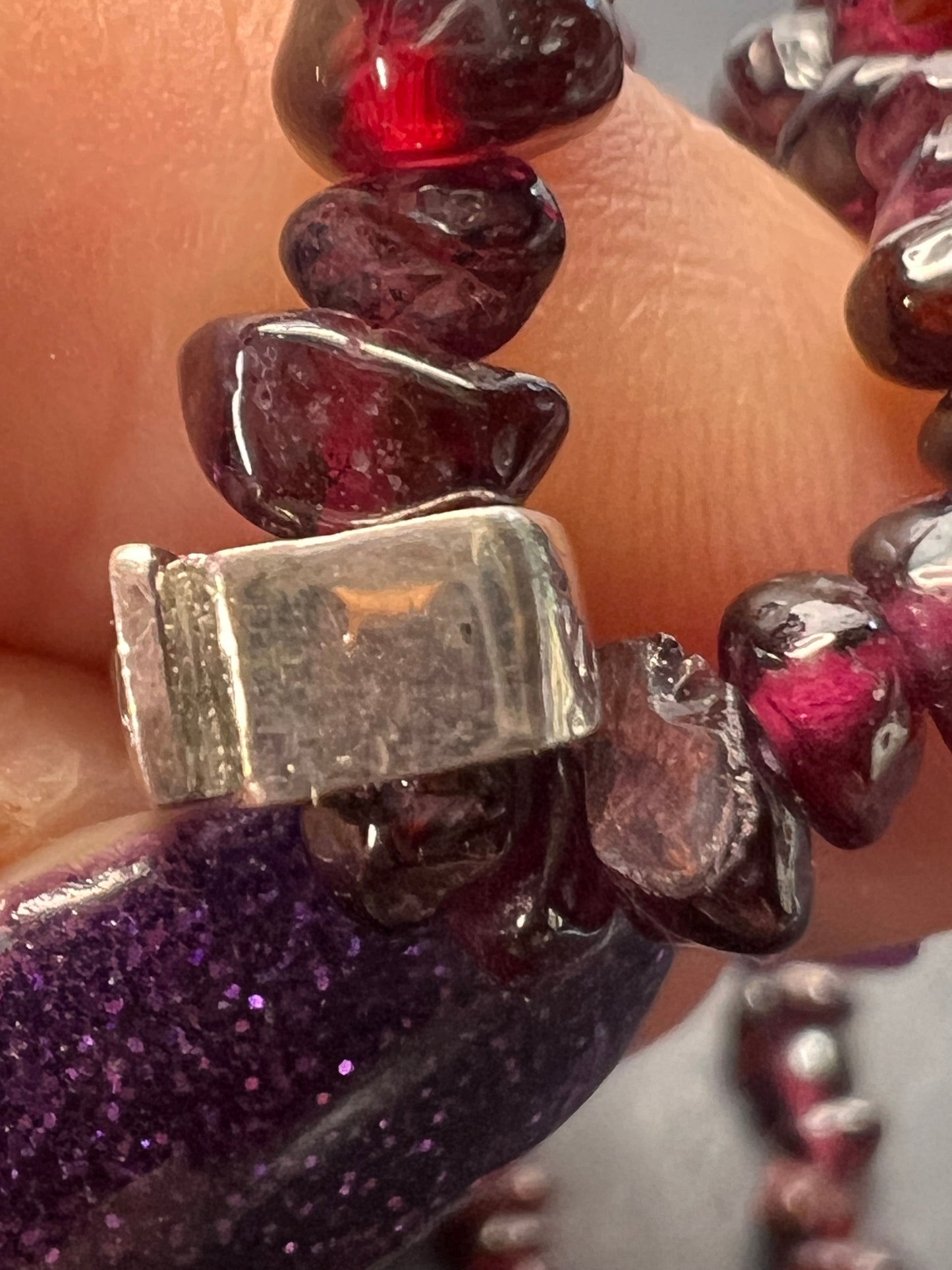 Norwegian Thulite and garnet chip necklace with sterling silver pendant and clasp