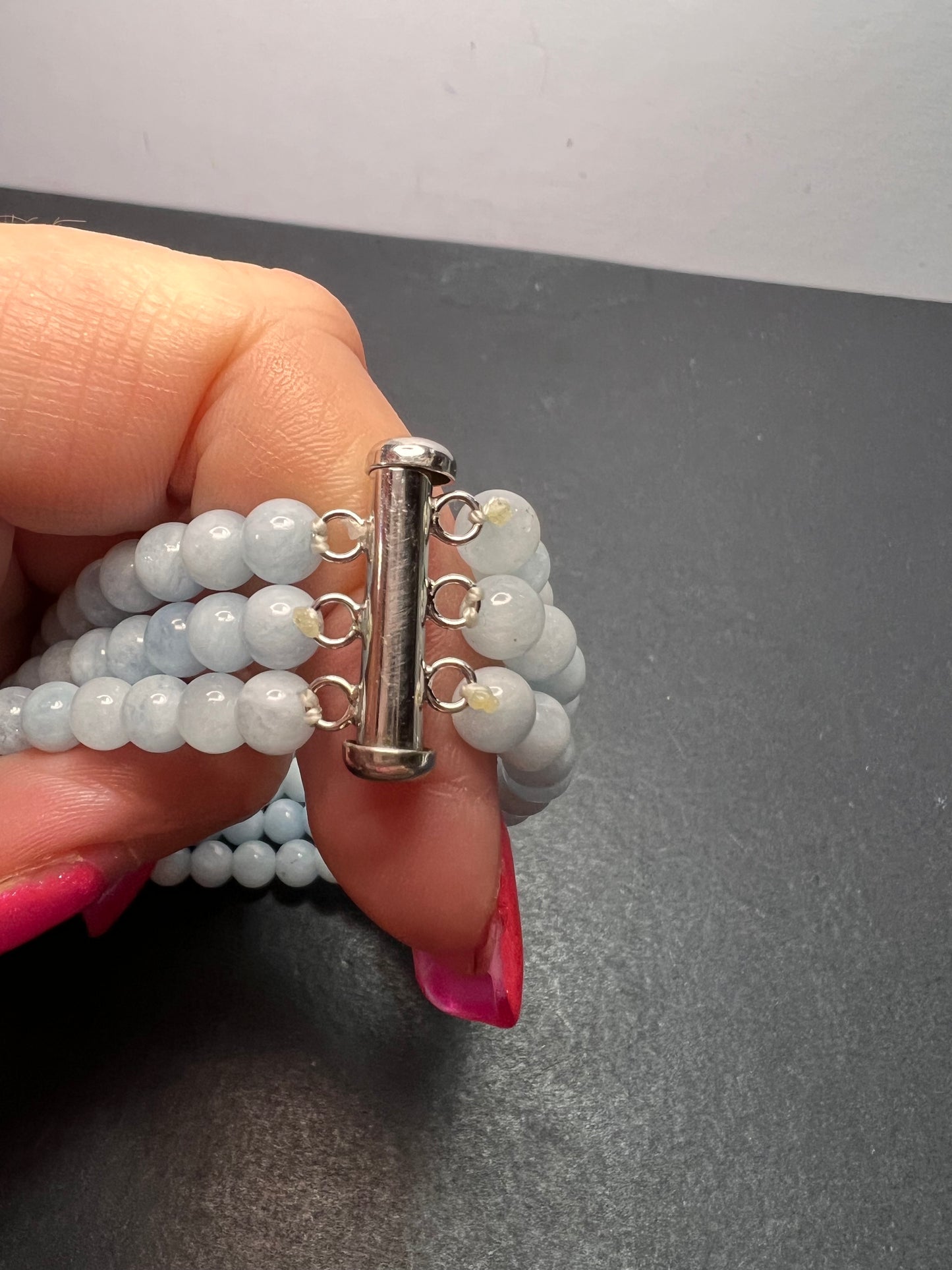 Triple strand beaded aquamarine bracelet with sterling silver slide clasp *NEW*