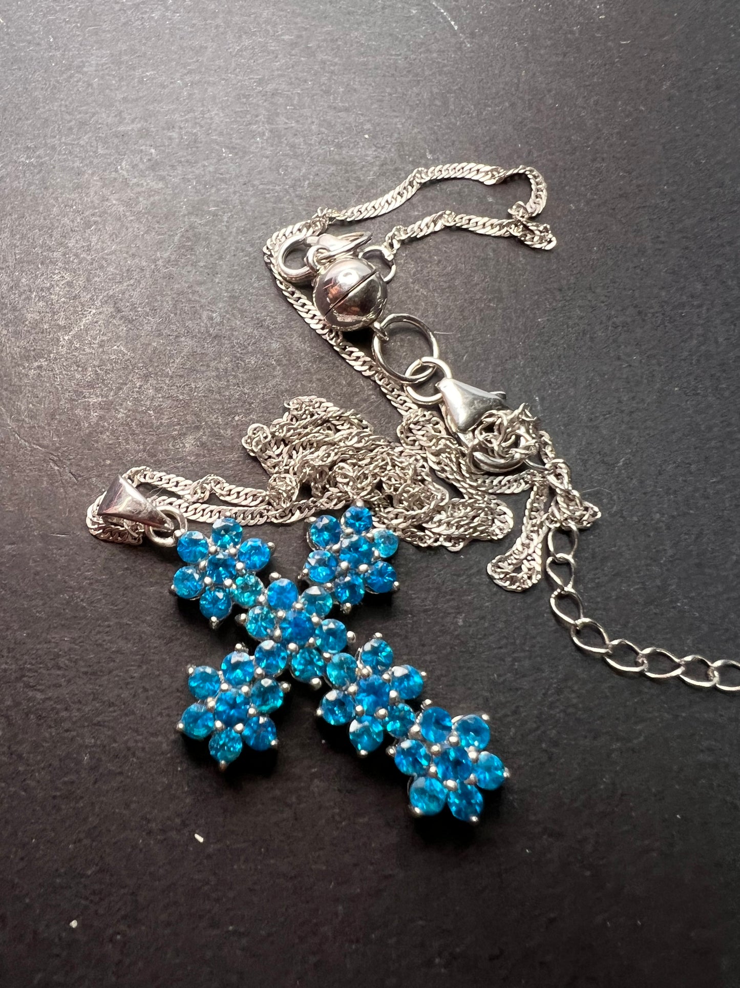 Blue Apatite Rhodium Over Sterling Silver Cross Pendant With Chain 3.25ctw