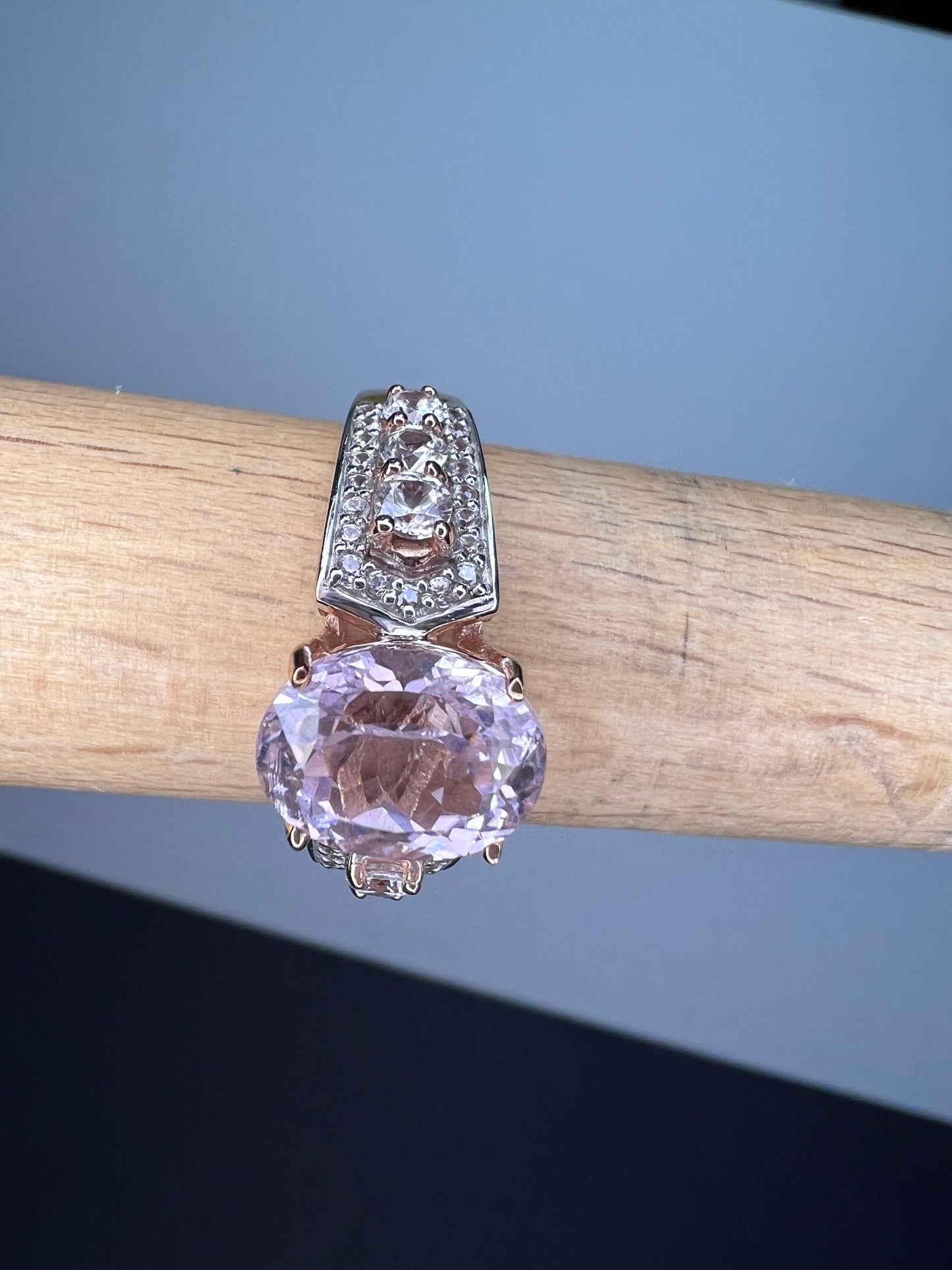 Kunzite and white topaz 18k rose gold over sterling silver ring size 9