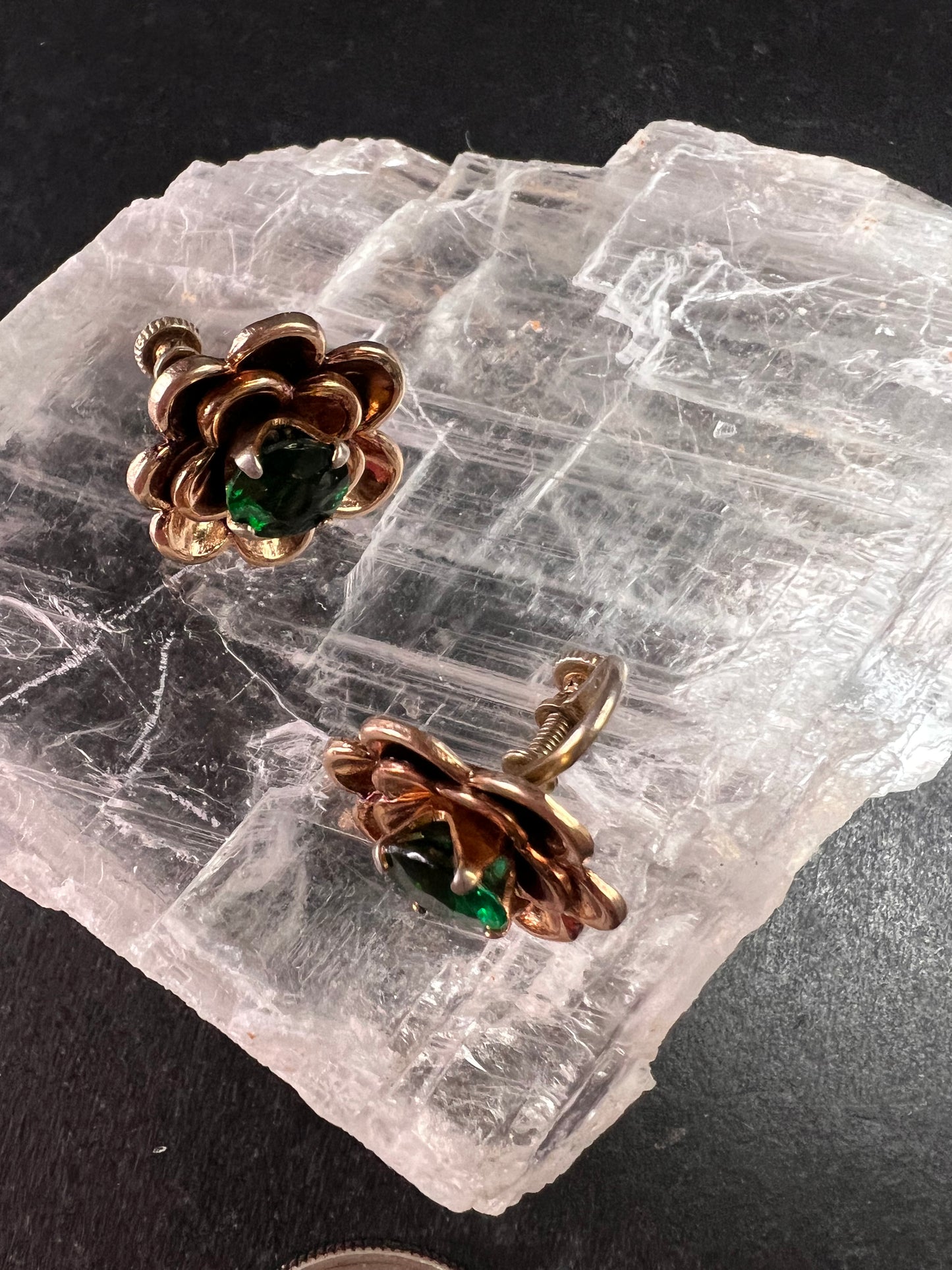 Vintage 1940s Vermeil Flower Screw Back Green Paste Earrings