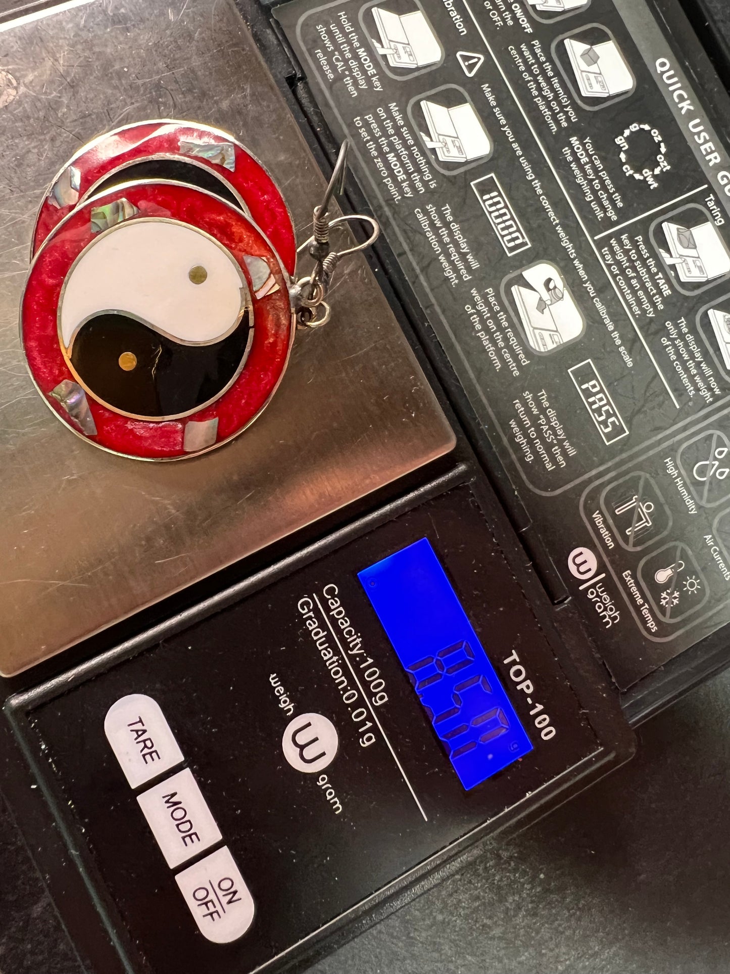 Vintage ALPACA MEXICO Silver MOP Abalone Yin Yang Drop Earrings