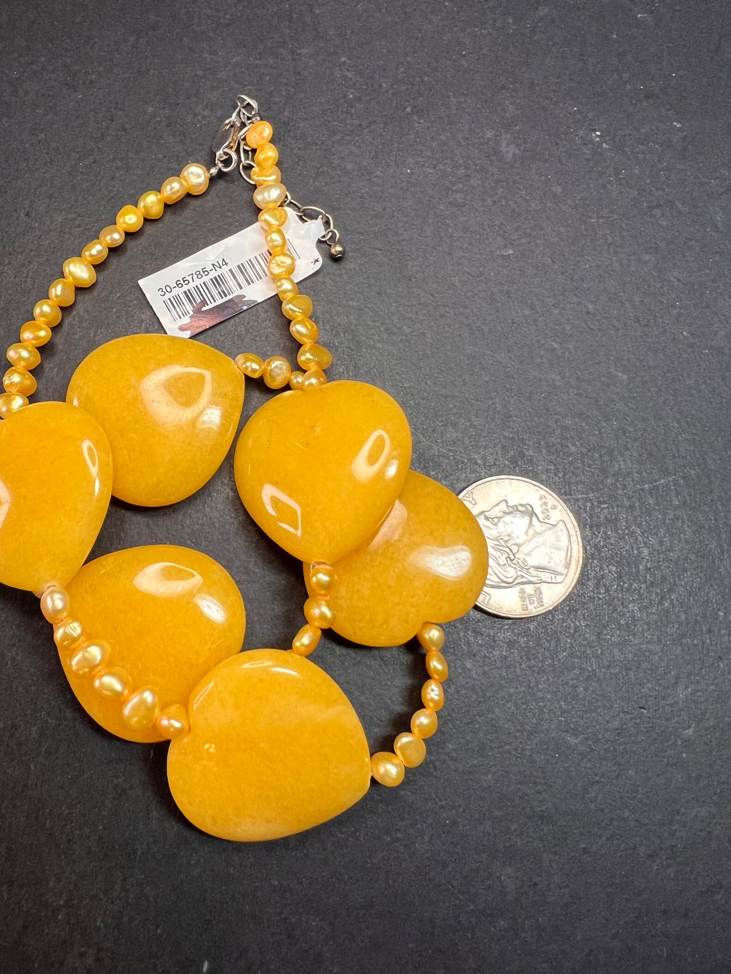 NEW yellow quartzite hearts and pearl station necklace with sterling silver clasp