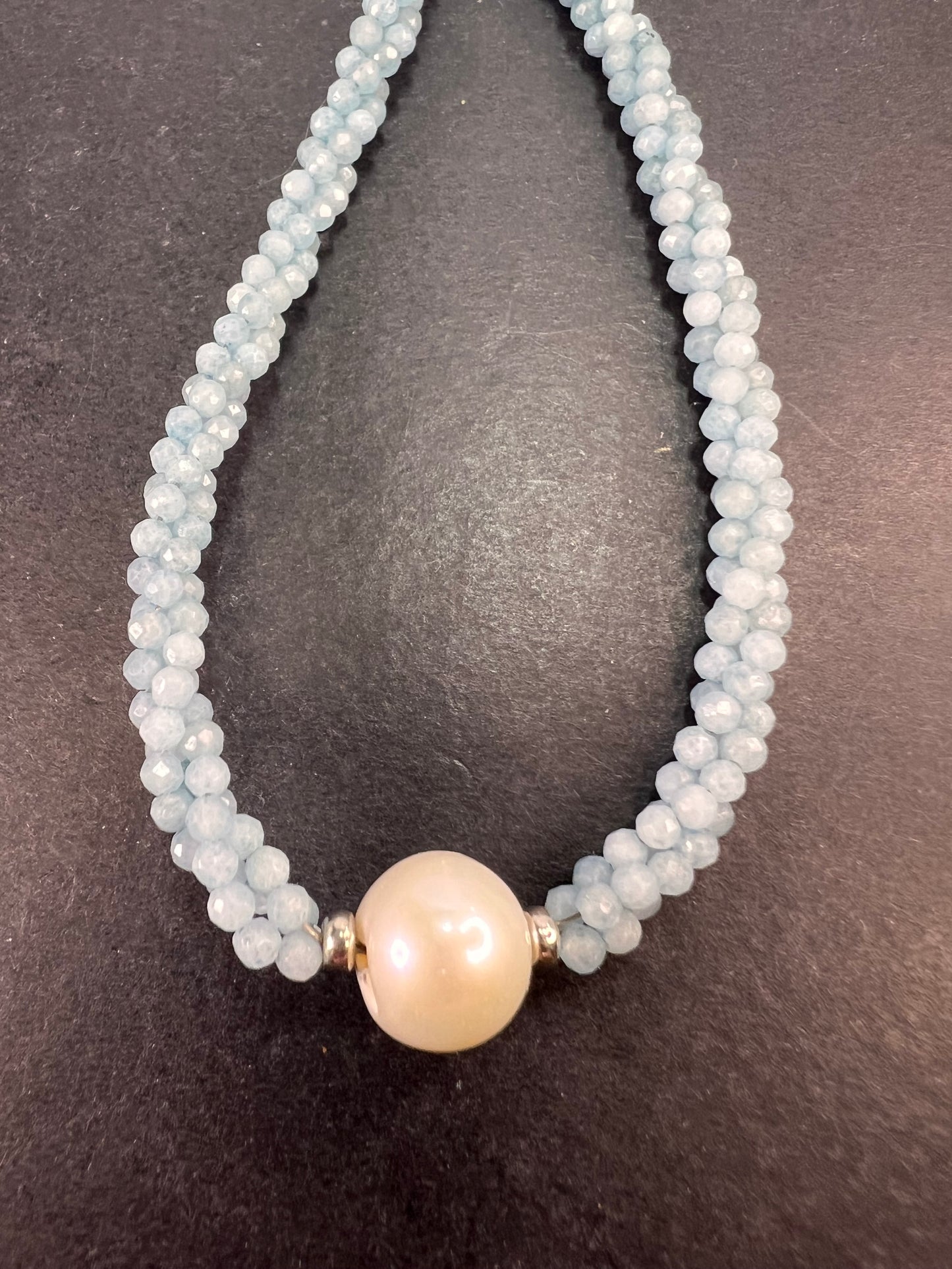 White Cultured Freshwater Pearl with Aquamarine Rhodium Over Sterling Silver Necklace *NEW*