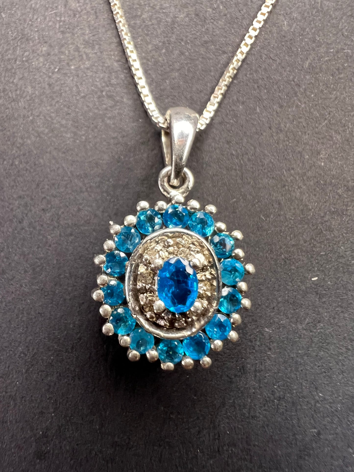 Vintage 925 Sterling Silver Blue Apatite & Diamond Halo Pendant Necklace