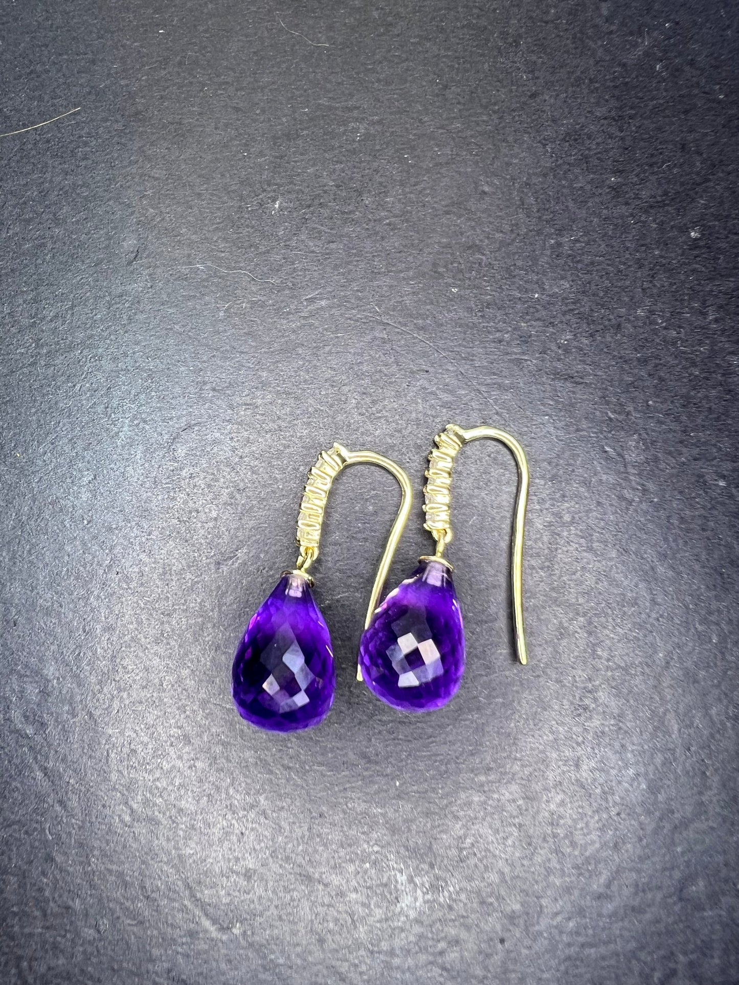 14k gold amethyst briolette and diamond dangle earrings