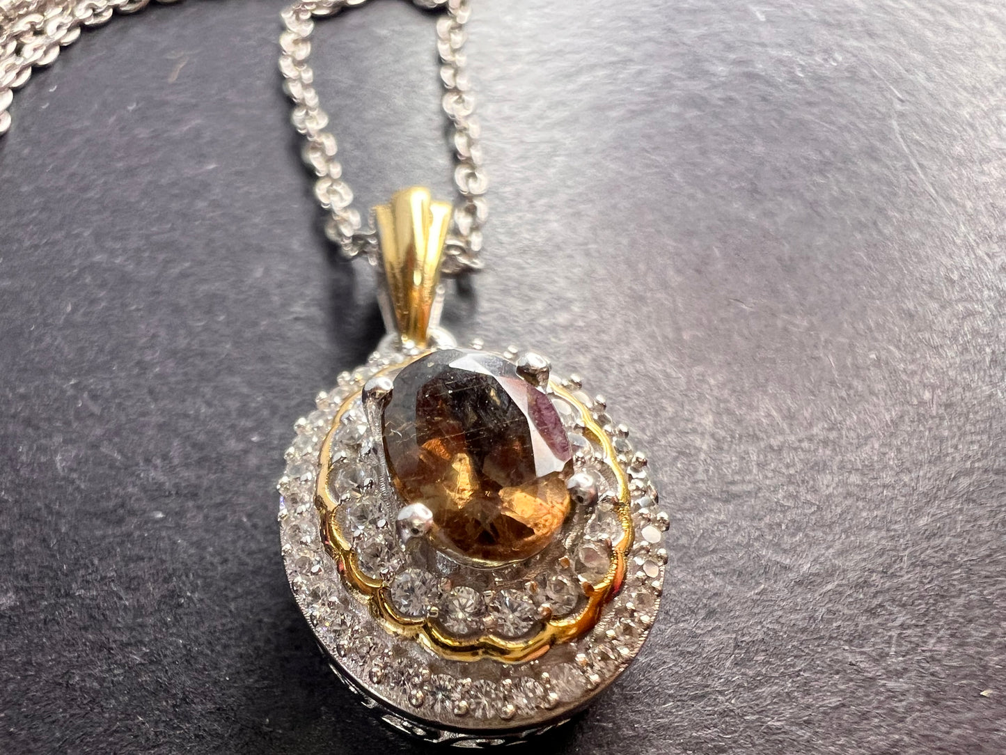 Golden tanzanite and zircon double halo two toned sterling silver pendant and chain necklace