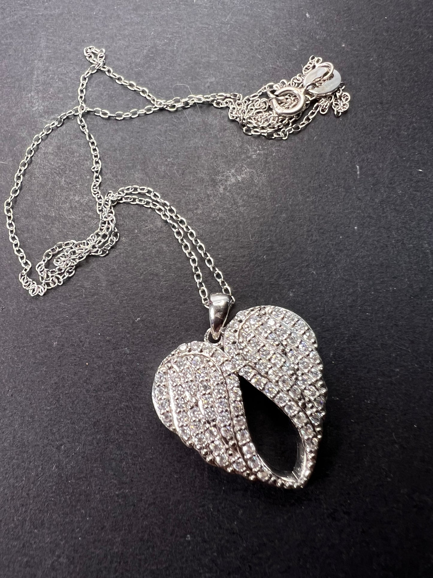 Angel wings CZ heart pendant and chain sterling silver necklace