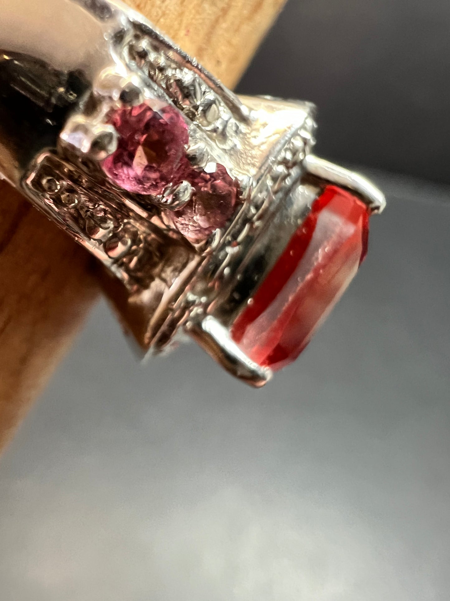 Sterling Silver Peach Red Quartz Doublet & Pink Tourmaline Ring 8.75