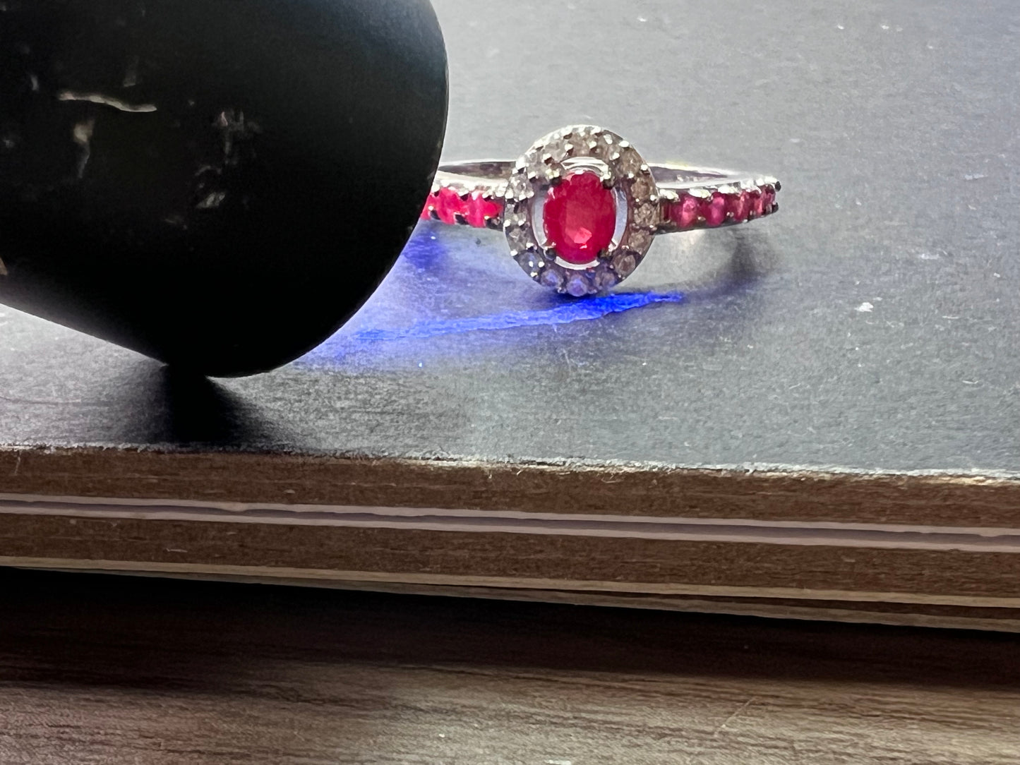 Ruby and zircon sterling silver halo ring size 9