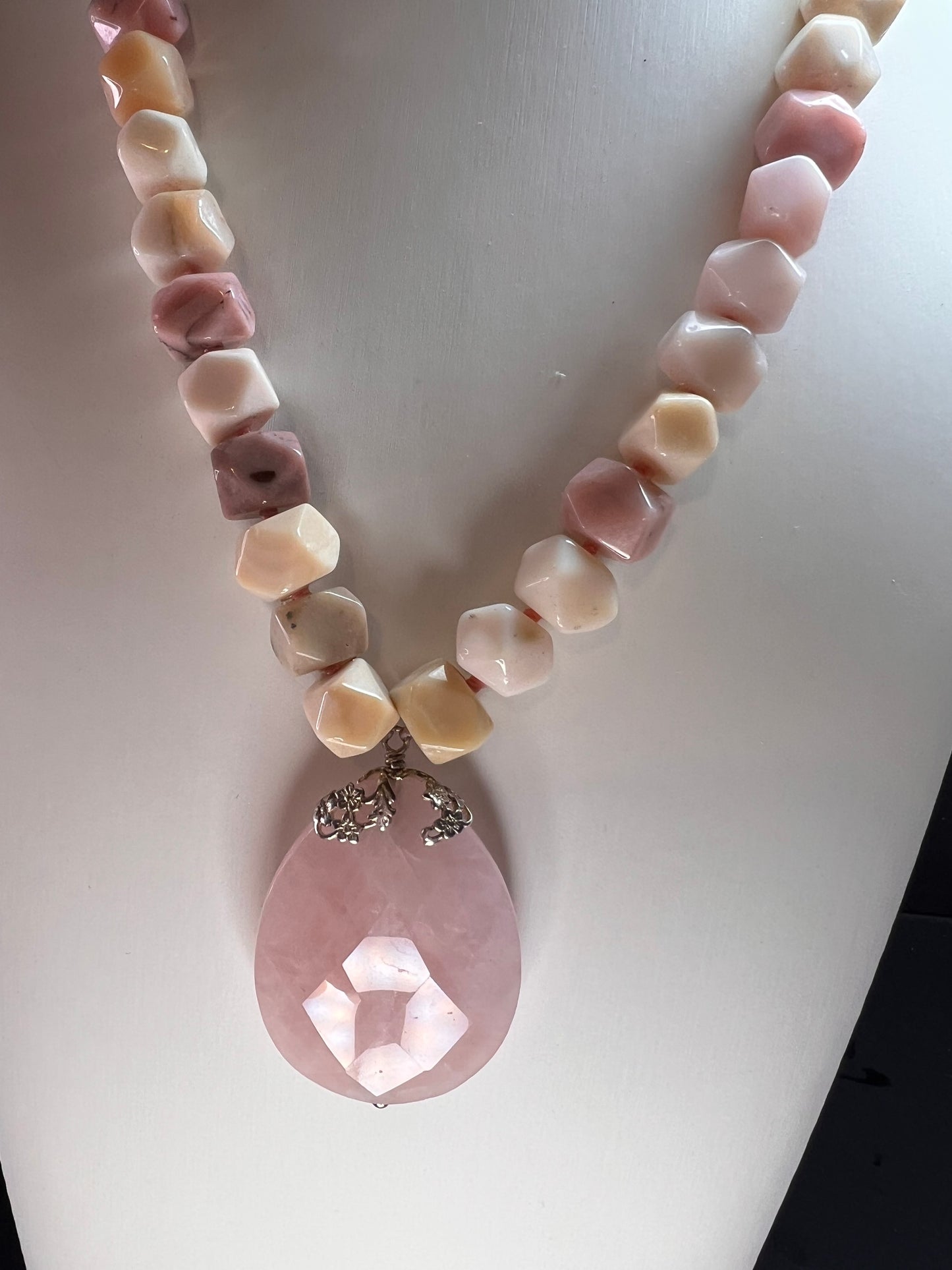 NEW pink opal and rose quartz Sterling silver necklace
