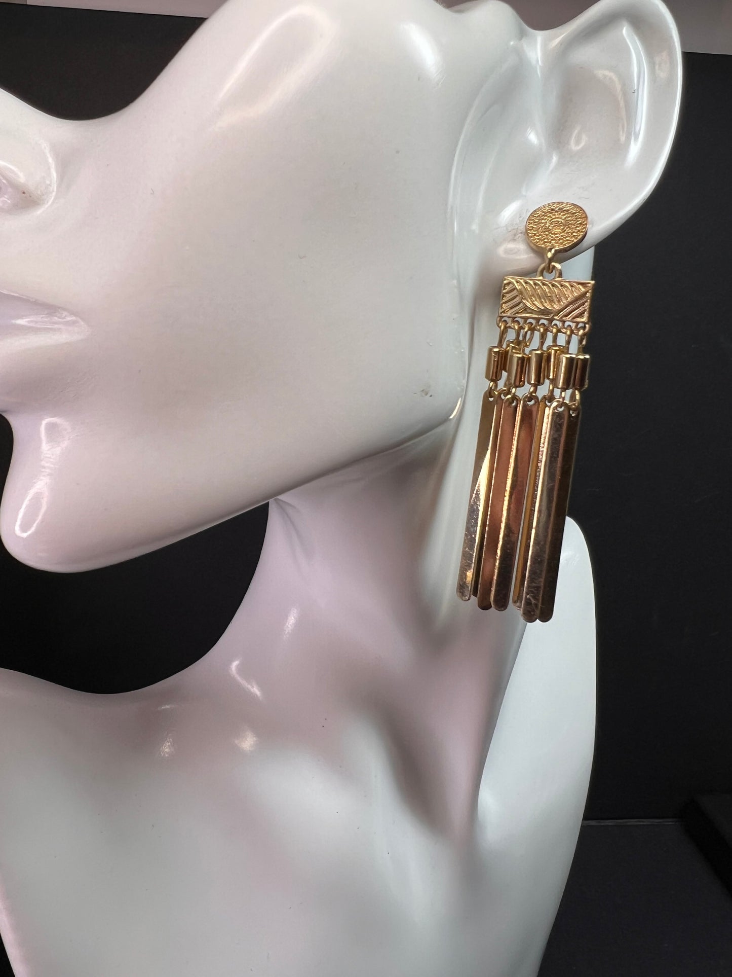 Vintage Gold Fringe Dangle Earrings – Retro MCM Style, Pre Owned